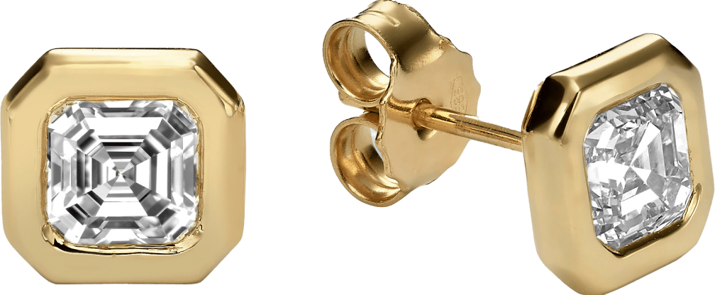 Gold stud earrings with square diamonds.