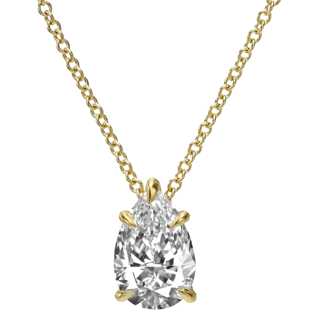 Gold necklace with pear-shaped diamond pendant.