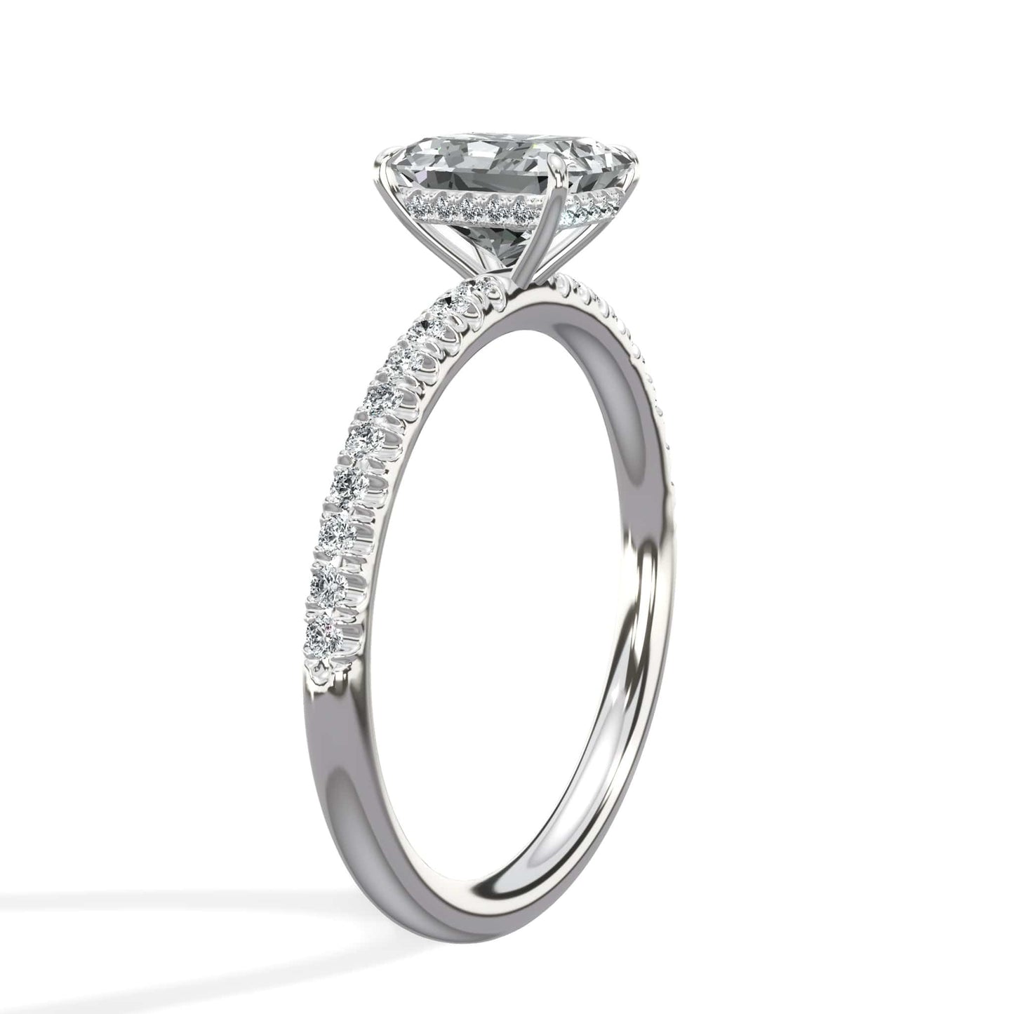 1.50 Carats Lab Grown Radiant Cut Micropaved Side Stones Hidden Halo Diamond Engagement Ring