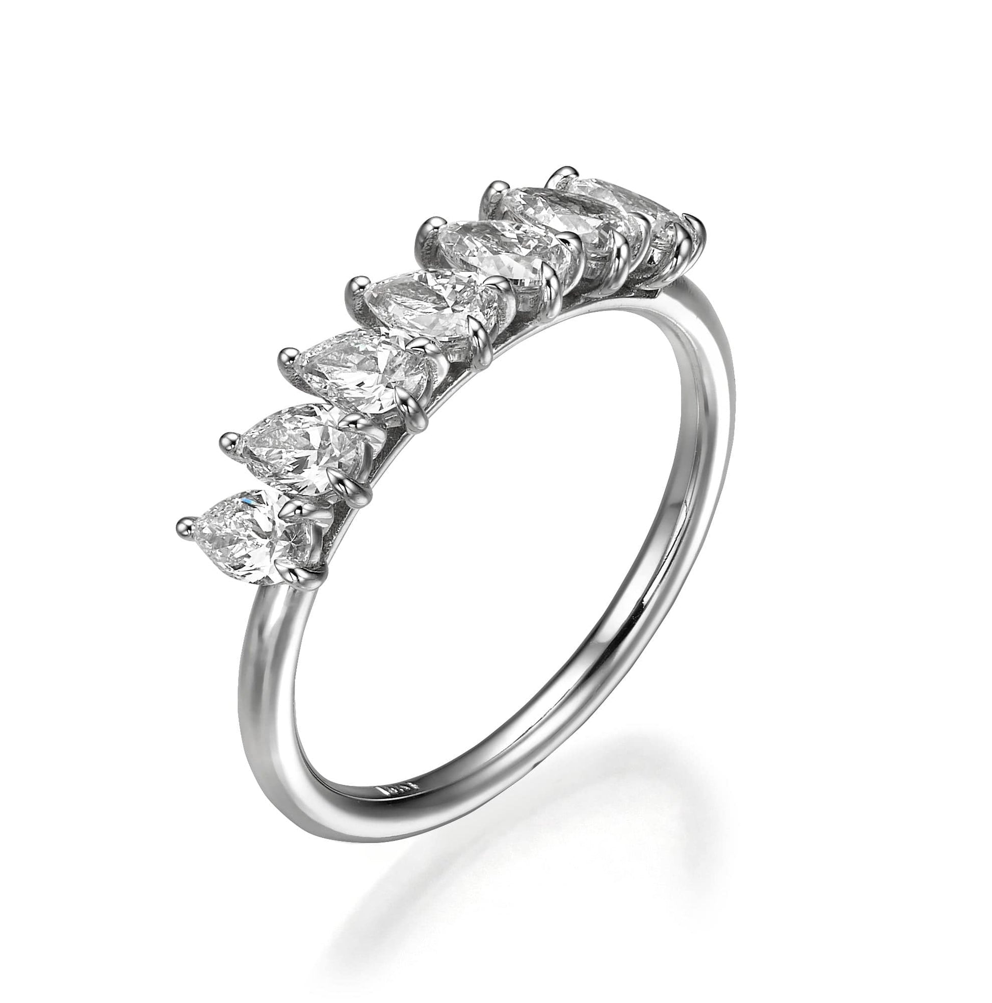 Silver ring with marquise-cut diamonds.