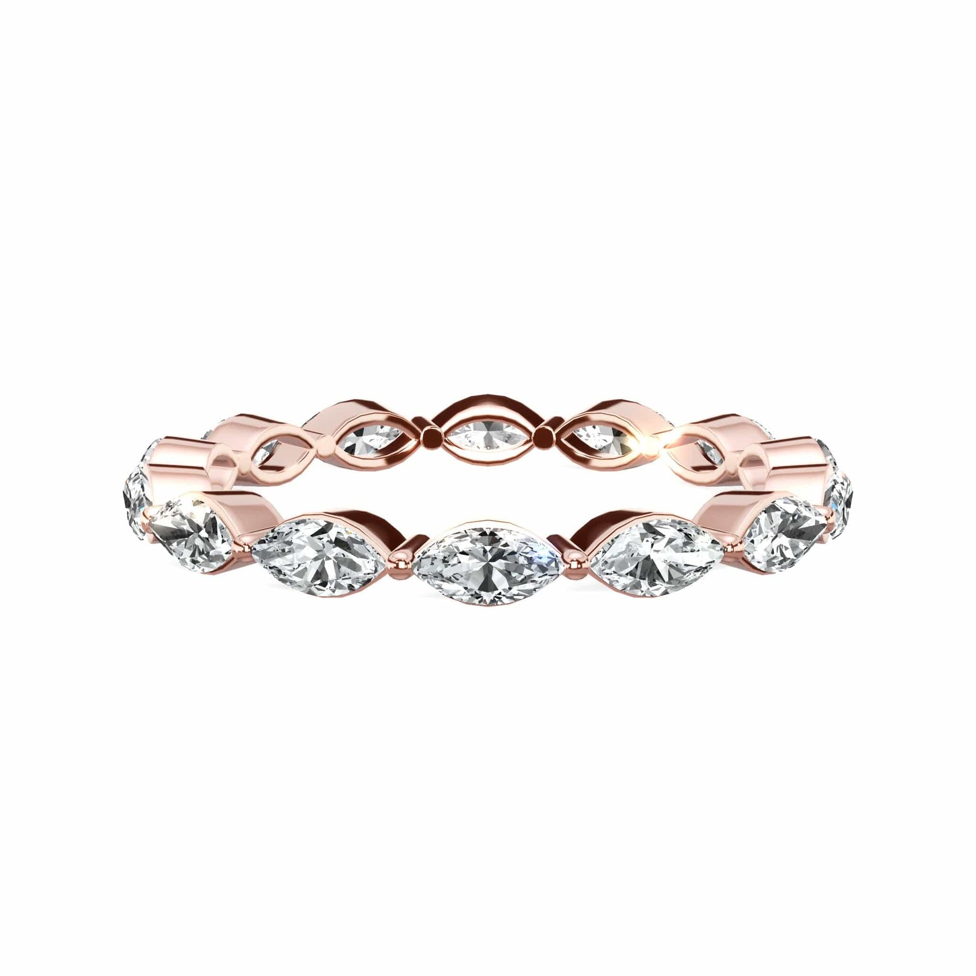 Rose gold eternity ring with marquise-cut diamonds.