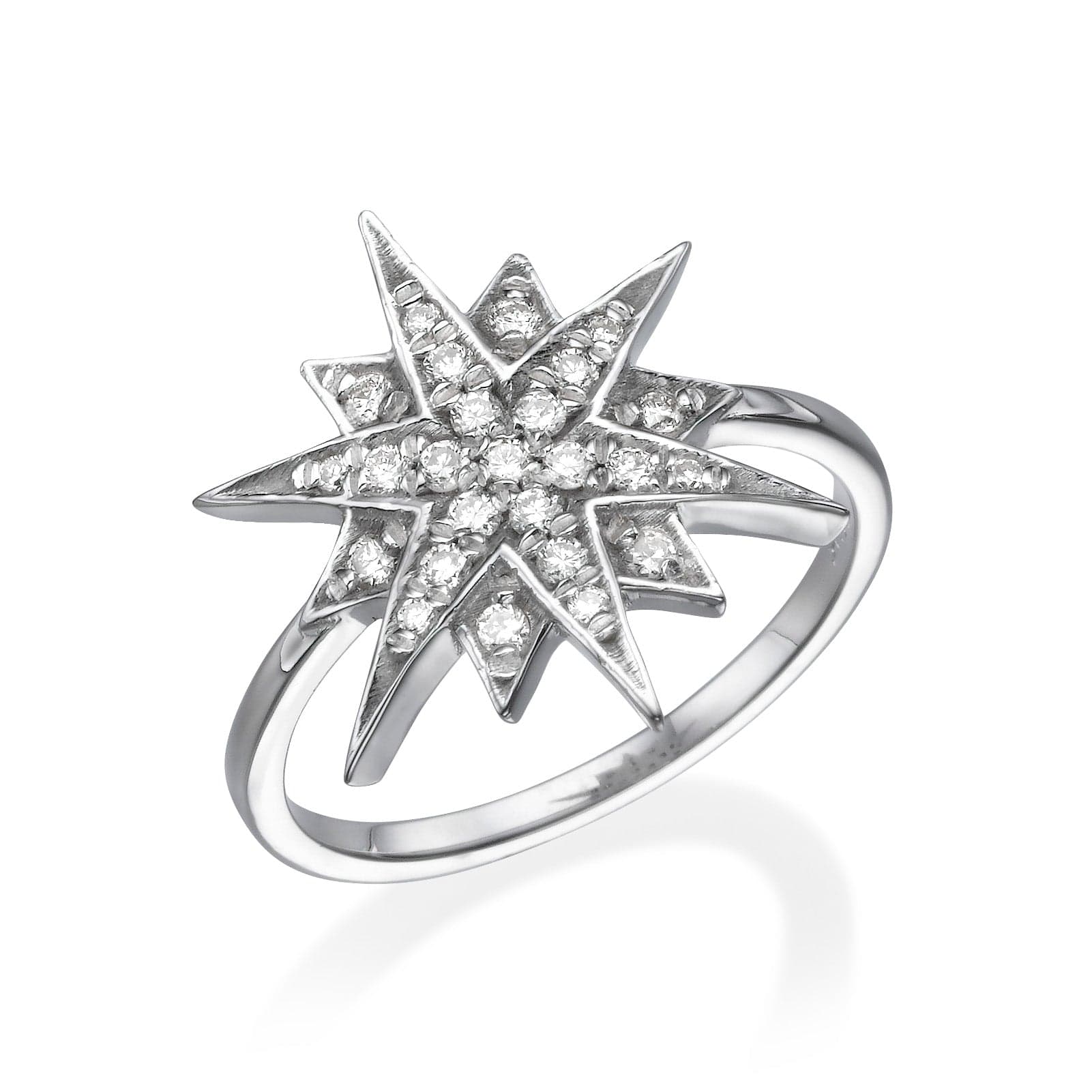 Silver ring with a starburst design, set with diamonds.