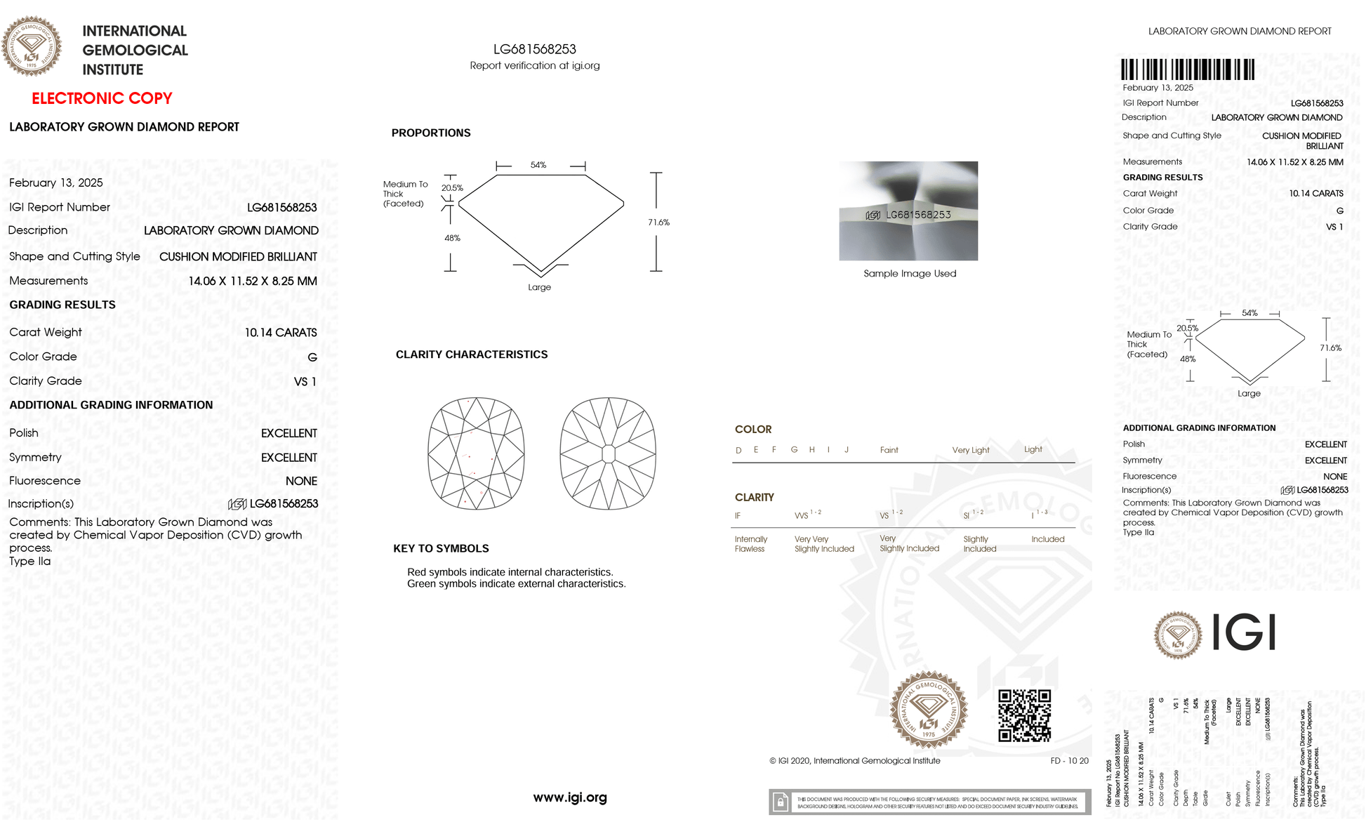 10ct lab-grown cushion cut diamond certificate from IGI