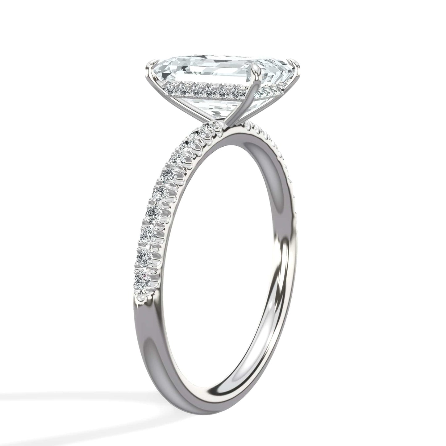 2.52 Carats Lab Grown Emerald Cut Micropaved Side Stones Hidden Halo Diamond Engagement Ring
