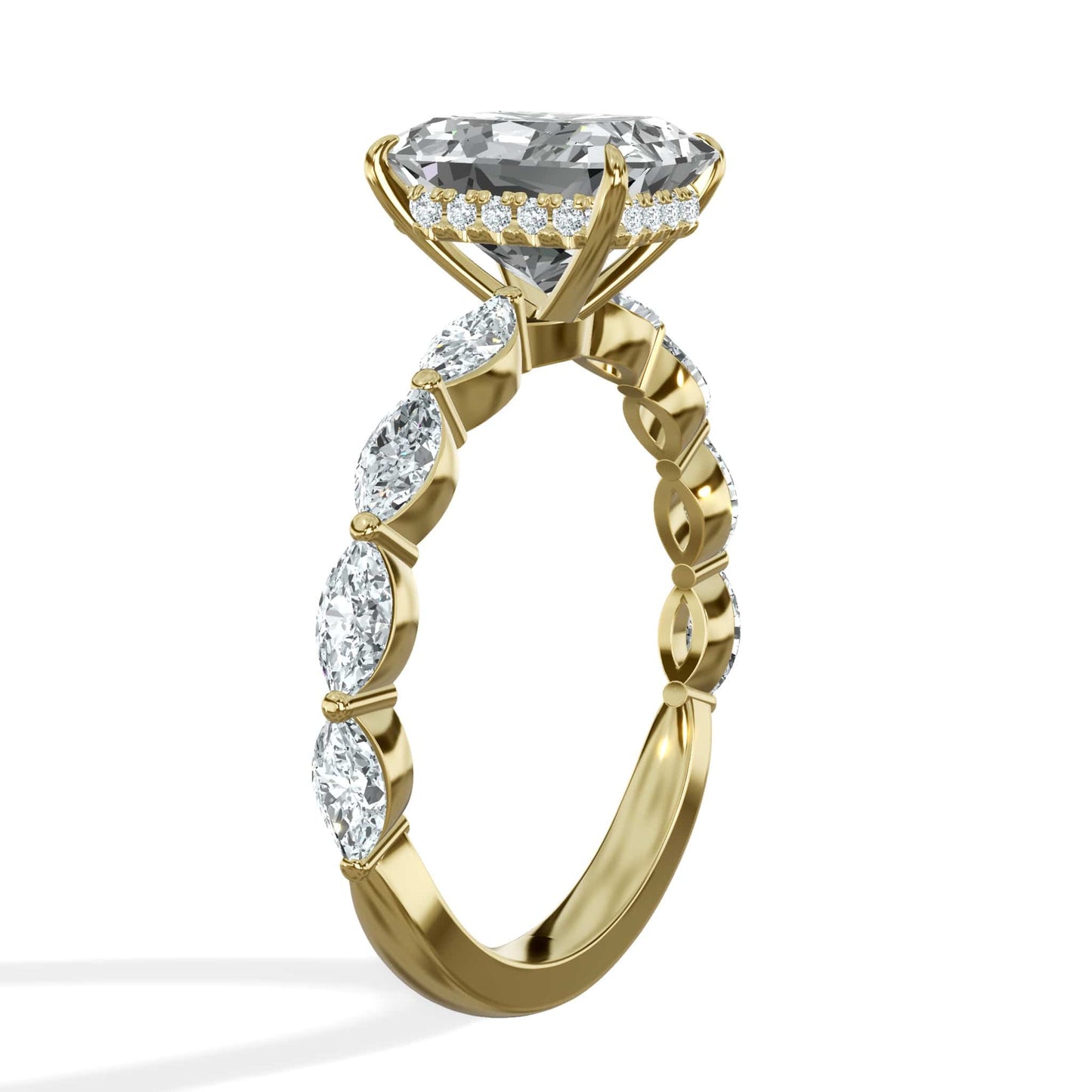 3 Carats Lab Grown Radiant Cut with Marquise Side Stones Hidden Halo Diamond Engagement Ring Yellow Gold