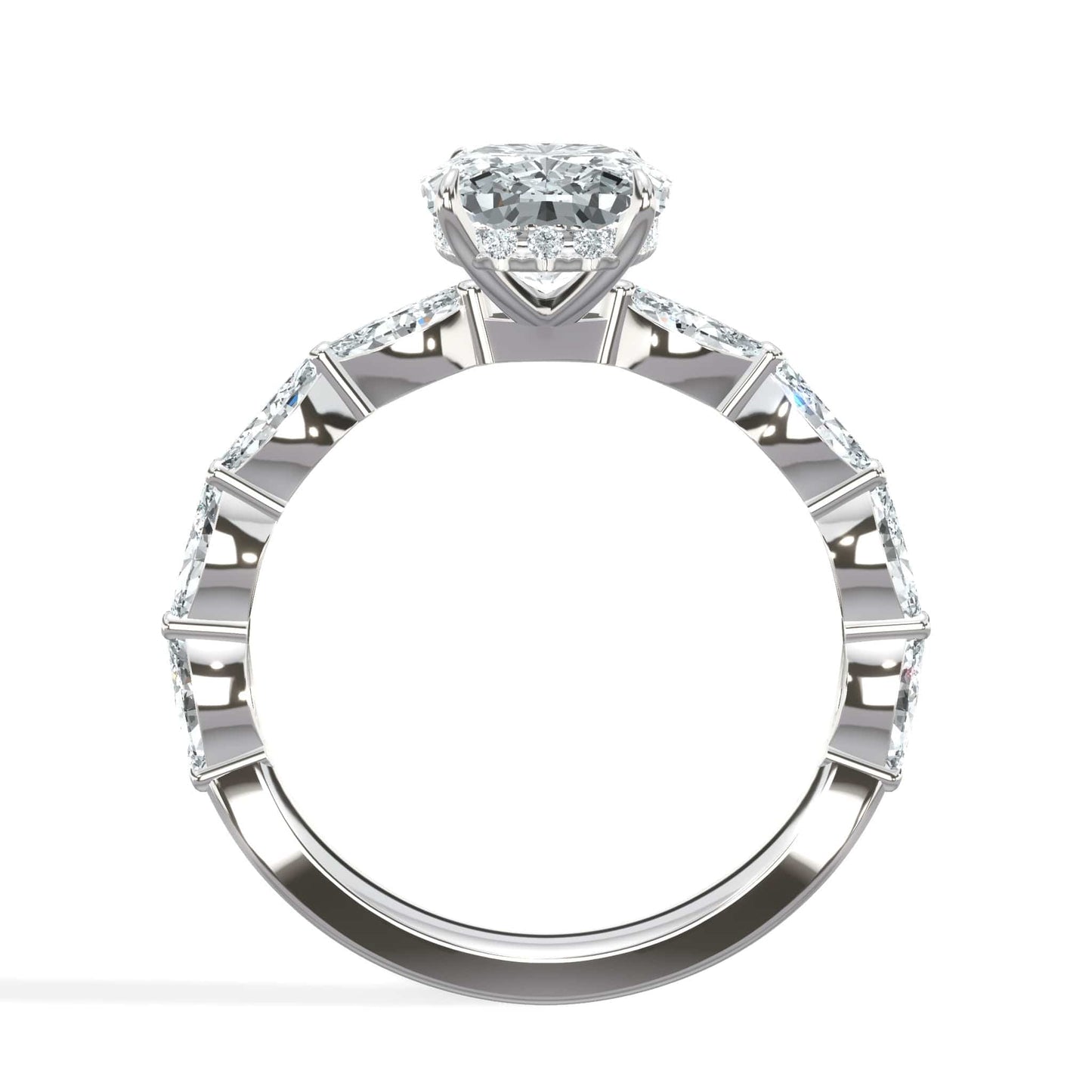 3.01 Carats Lab Grown Elongated Cushion Cut with Marquise Side Stones Hidden Halo Diamond Engagement Ring