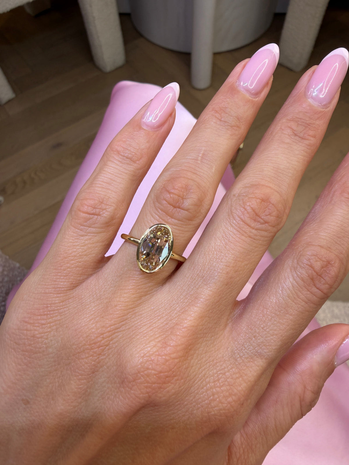 2.51 Carat Lab Grown Oval Cut Bezel Set Champagne Diamond Solitaire Engagement Ring Yellow Gold
