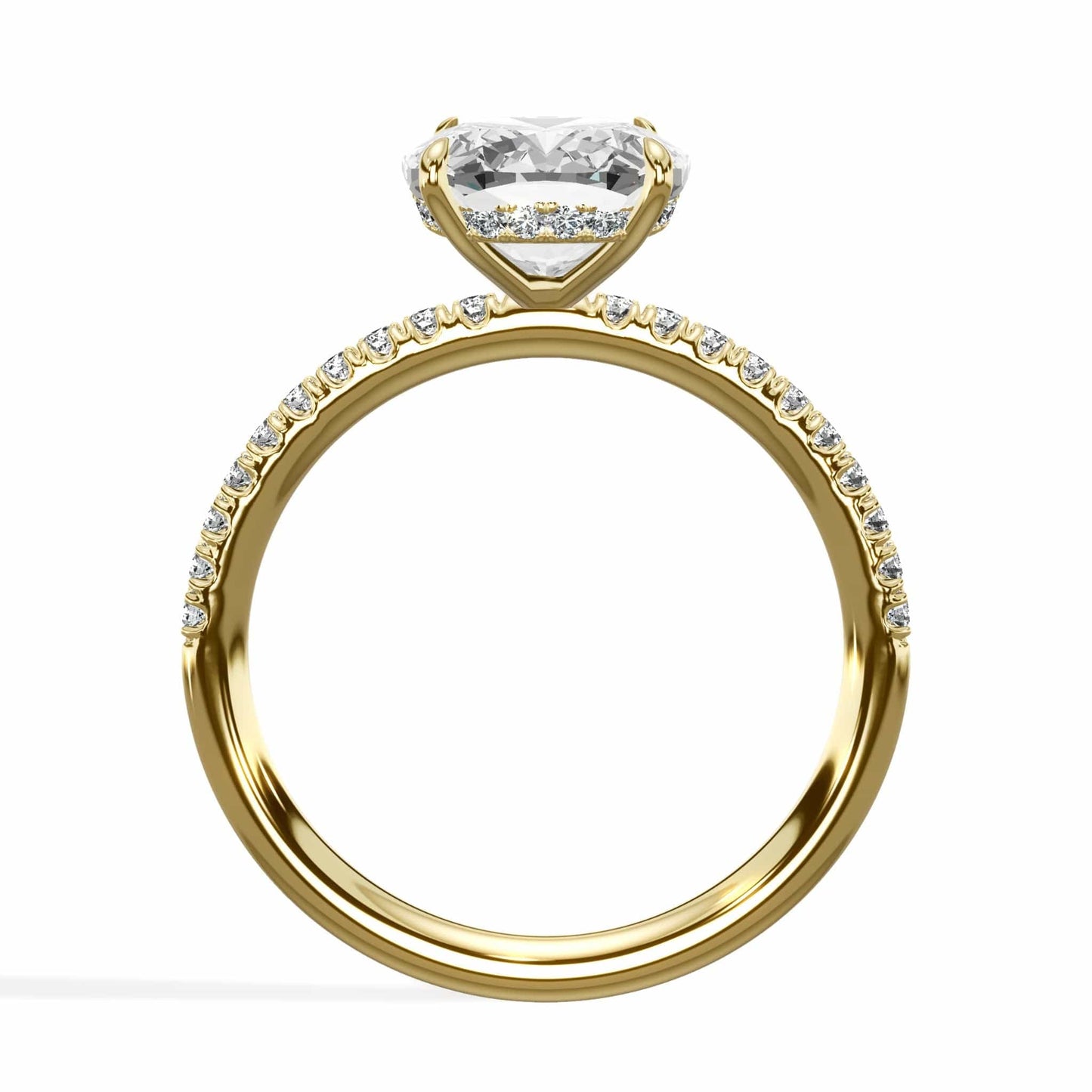 Gold ring with a large diamond and small embedded stones.