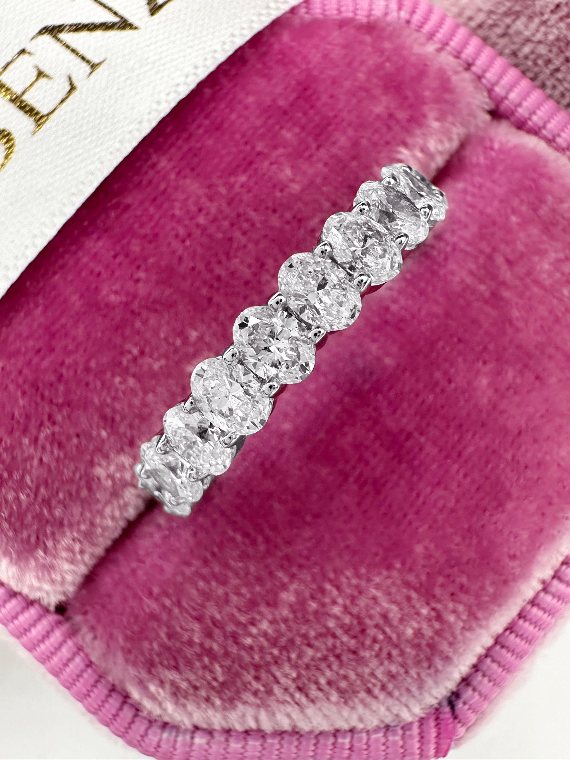 Oval cut lab grown diamond eternity band in white gold