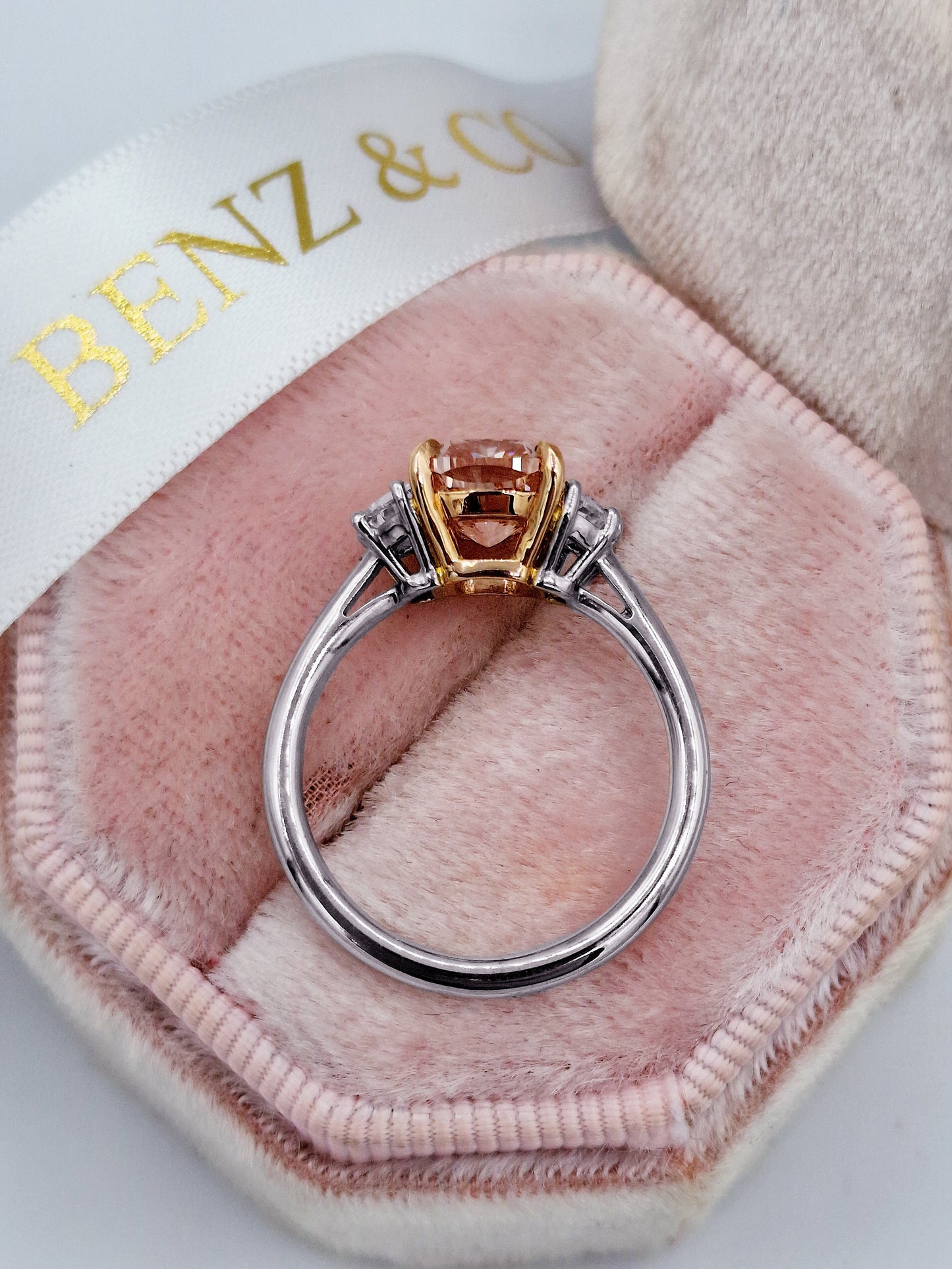 2ct pink cushion cut diamond engagement ring with half moons