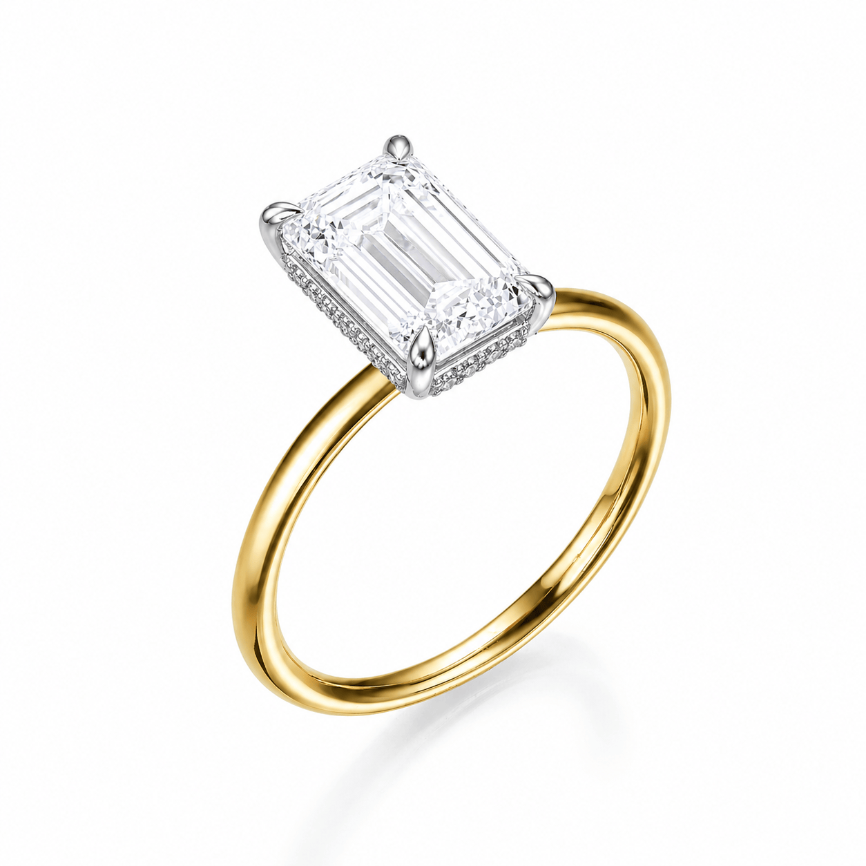 3.18 Carat Lab Grown Emerald Cut Two Tone Solitaire Hidden Halo Diamond Engagement Ring