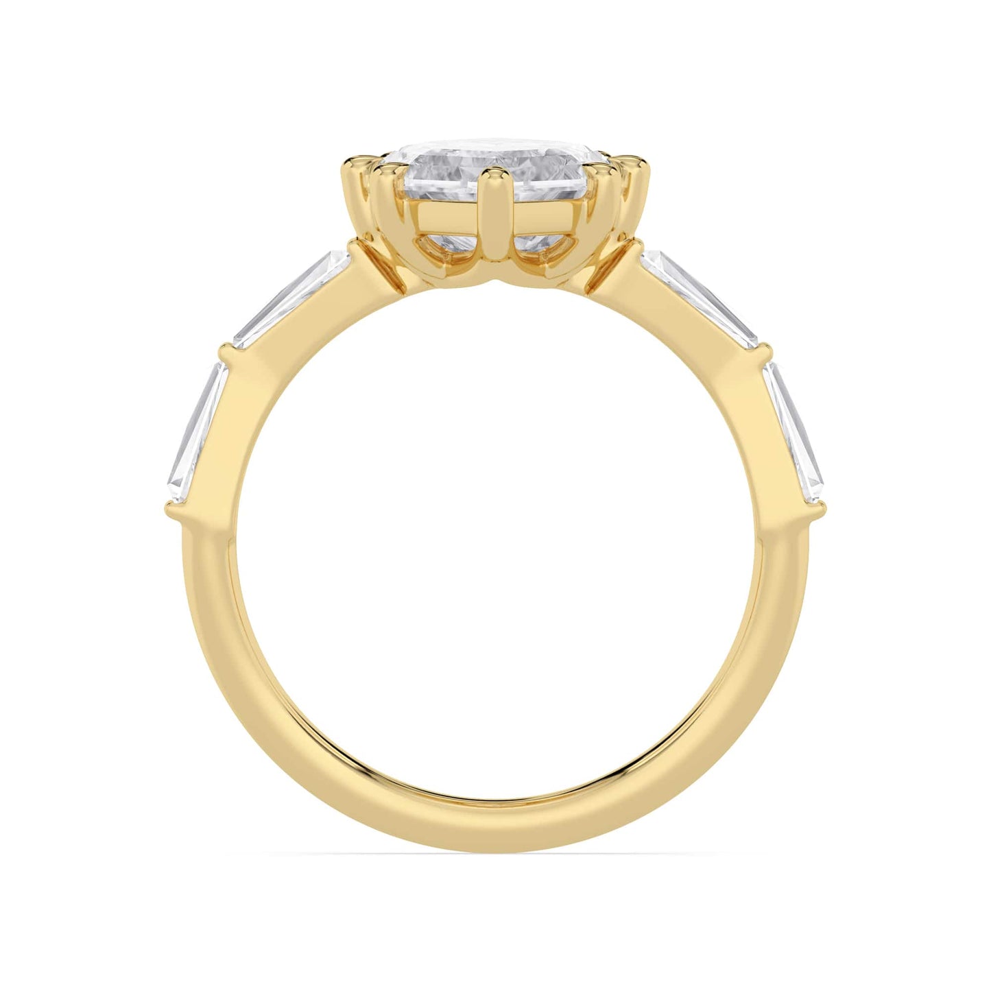 3.80 Carat Lab Grown Marquise Step Cut with Tapered Baguette Three Stone Diamond Engagement Ring Yellow Gold