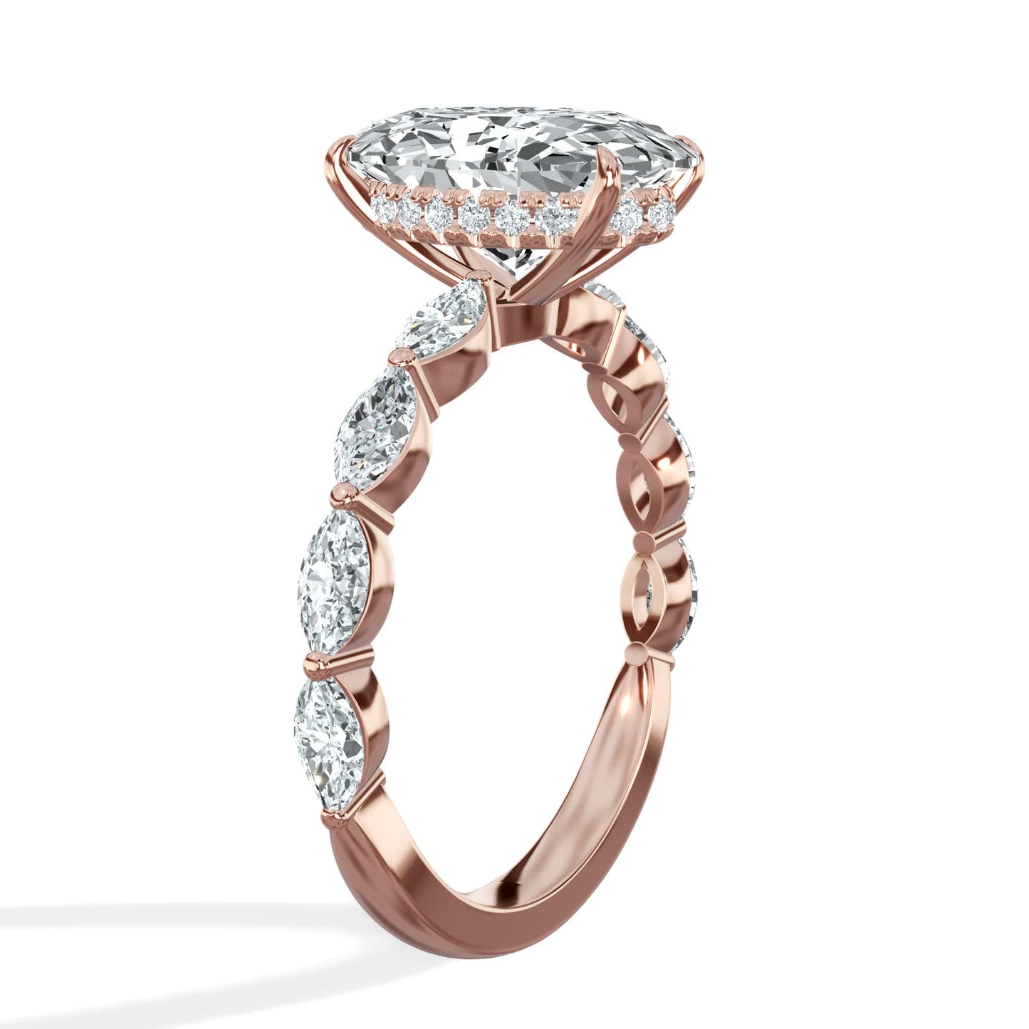 4.00 Carats Lab Grown Oval Shape with Marquise Side Stones Hidden Halo Diamond Engagement Ring Rose gold