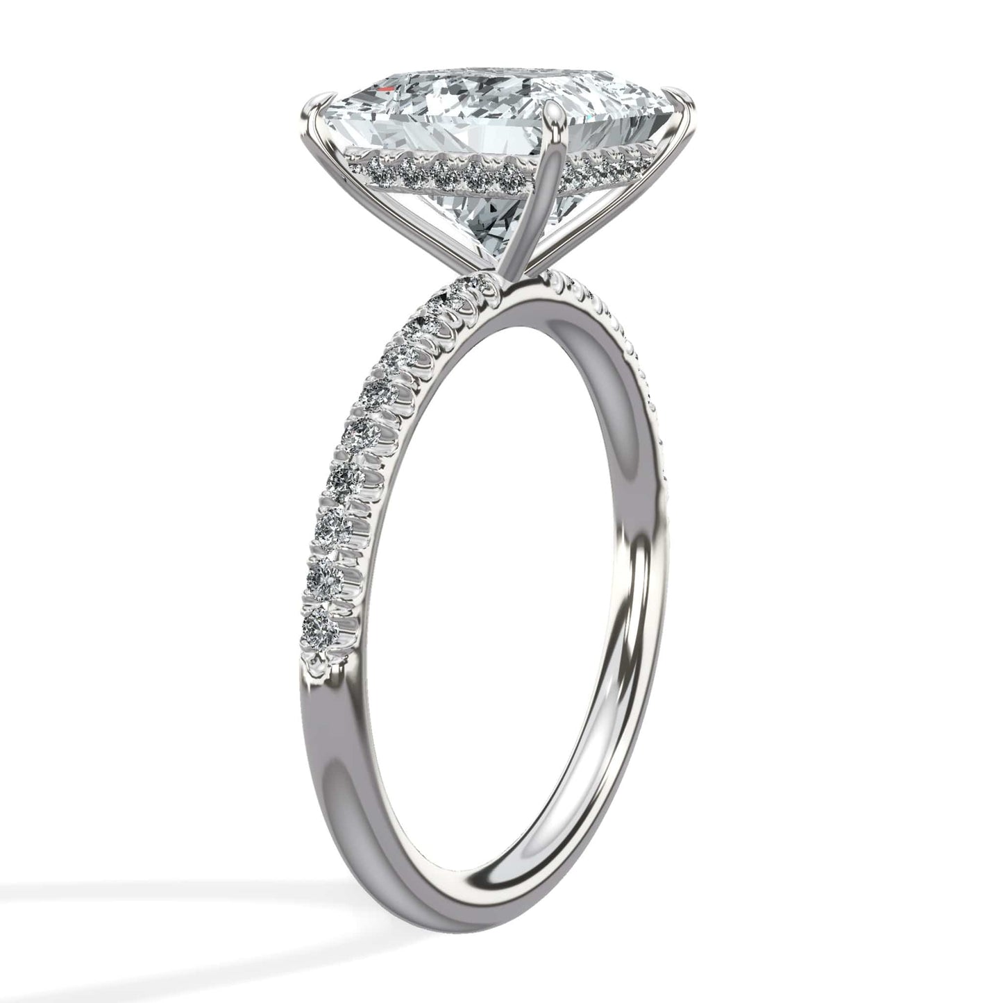 3.50 Carat Lab Grown Princess Cut Micropaved Side Stones Hidden Halo Diamond Engagement Ring