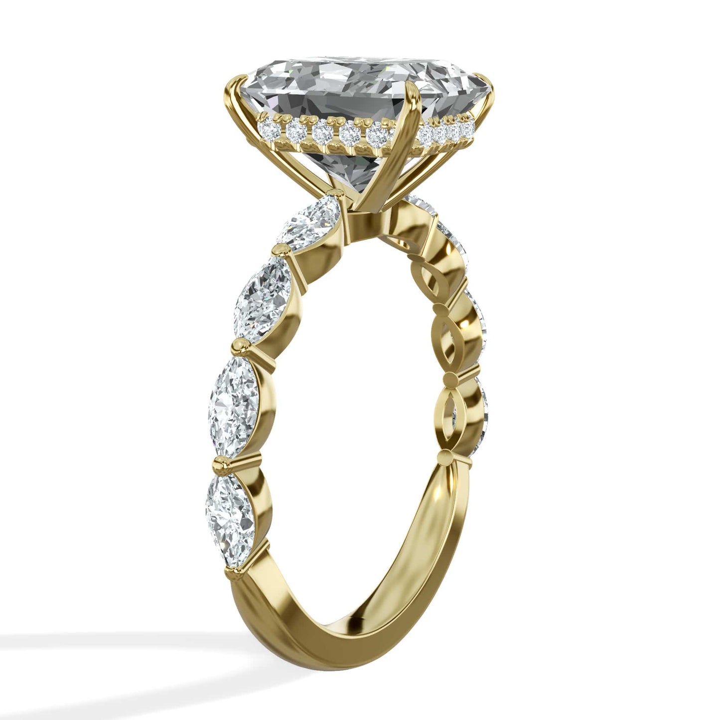 4.00 Carats Lab Grown Radiant Cut with Marquise Side Stones Hidden Halo Diamond Engagement Ring In Yellow Gold