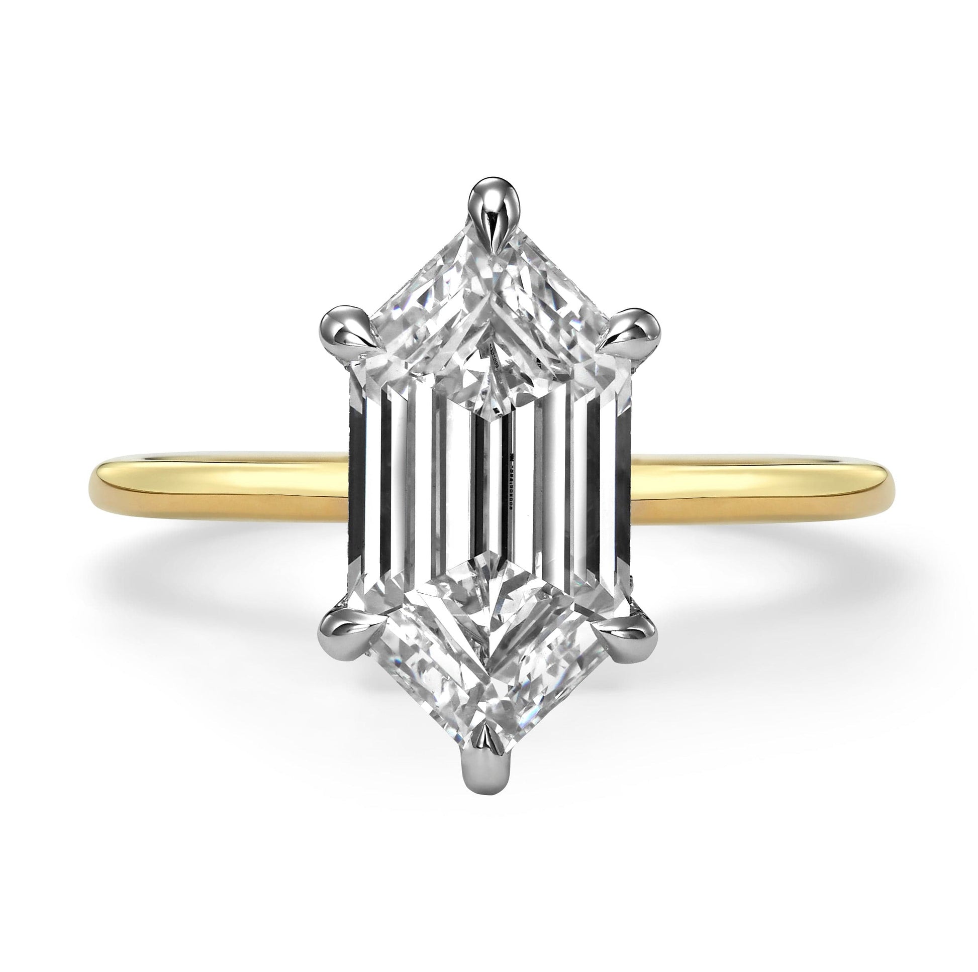3ct elongated hexagon diamond engagement ring in yellow gold