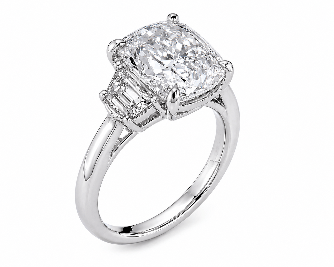 5.55 Carats Lab Grown Elongated Cushion Cut with Epaulette Three Stone Diamond Engagement Ring