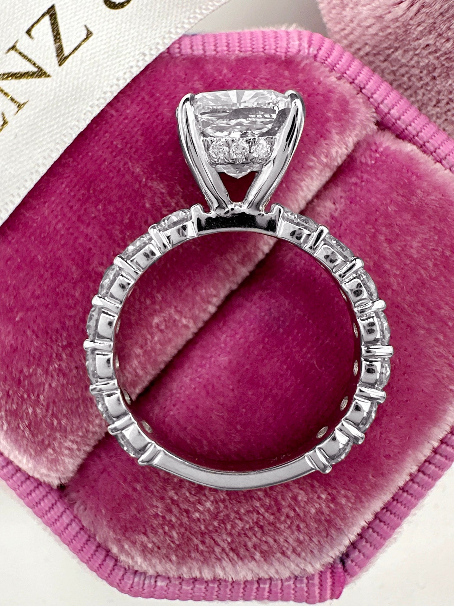 3ct Cushion cut diamond engagement ring with eternity band