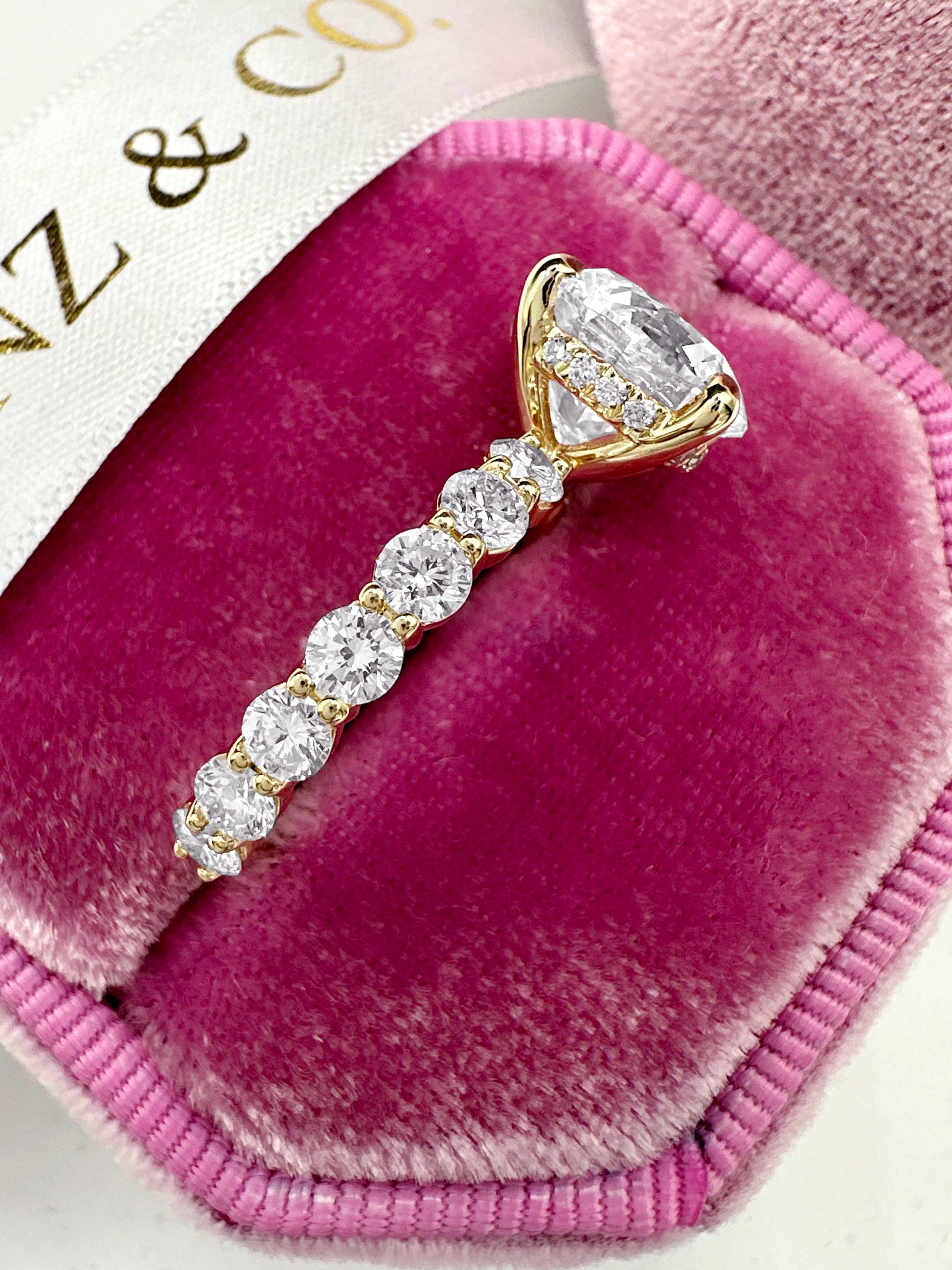 3ct round diamond ring with eternity band and hidden halo in yellow gold