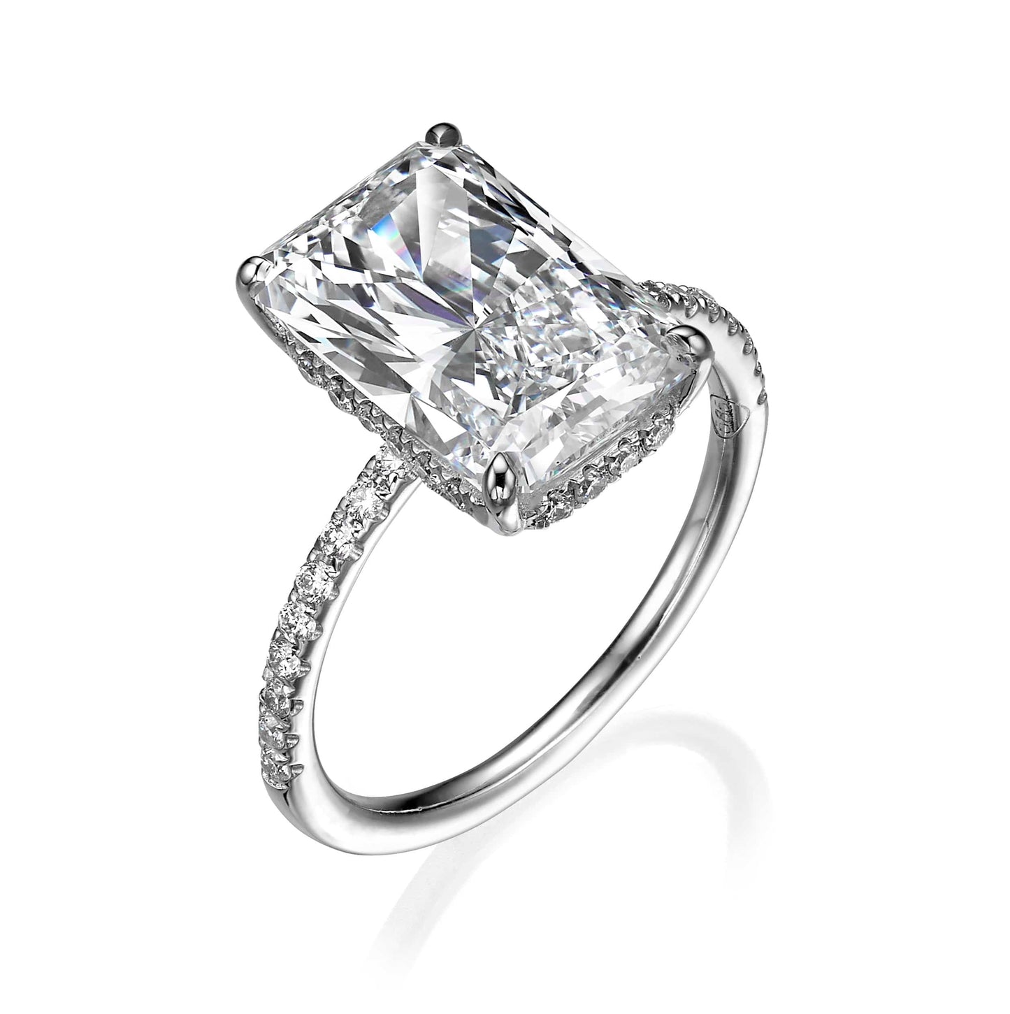 4.50 Carats Lab Grown Super Elongated Radiant Cut Micropaved Side Stones Hidden Halo Diamond Engagement Ring