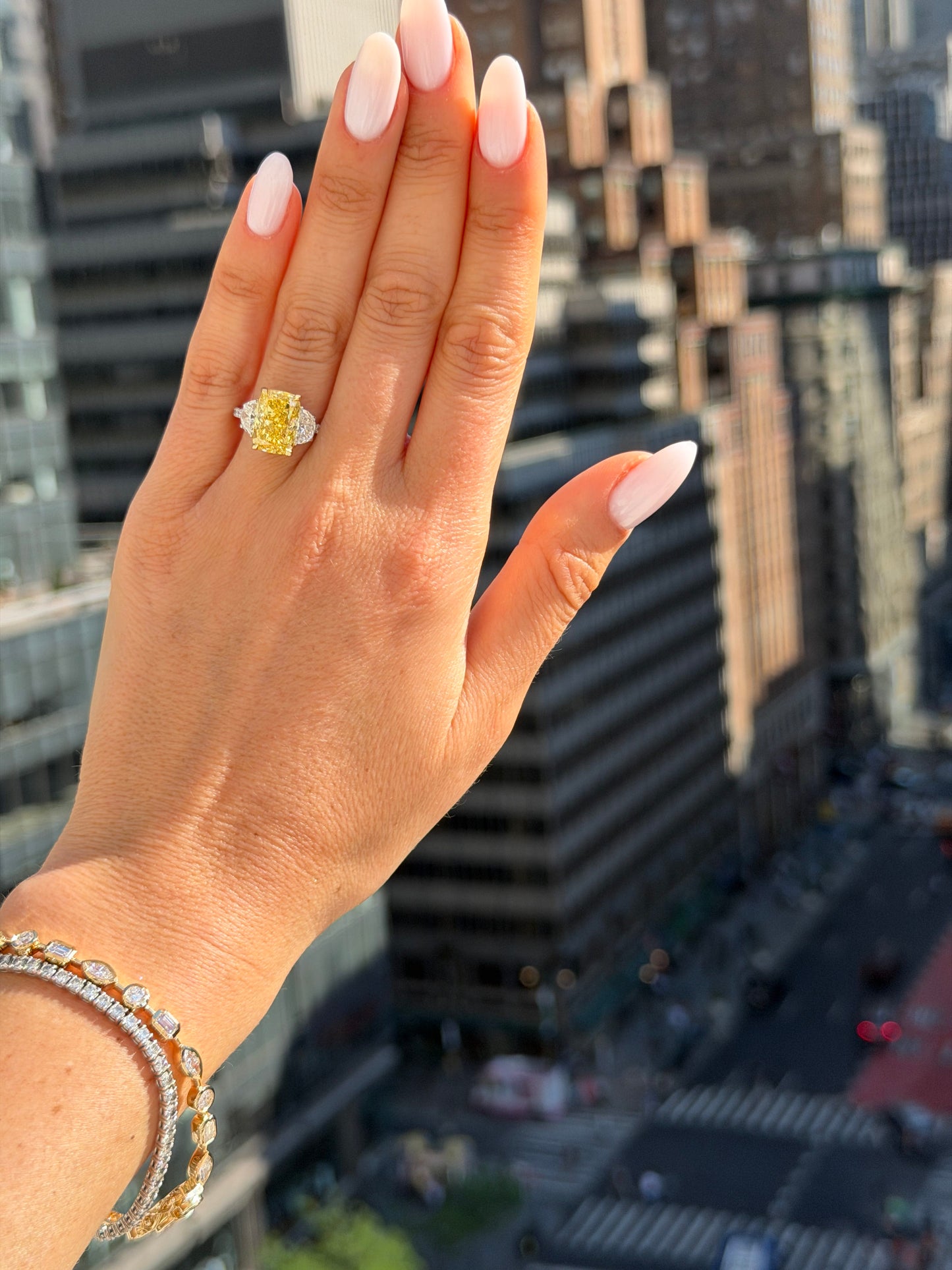 6.52 Carats Elongated Cushion Cut Fancy Vivid Yellow Lab Grown Diamond Three-Stone Engagement Ring