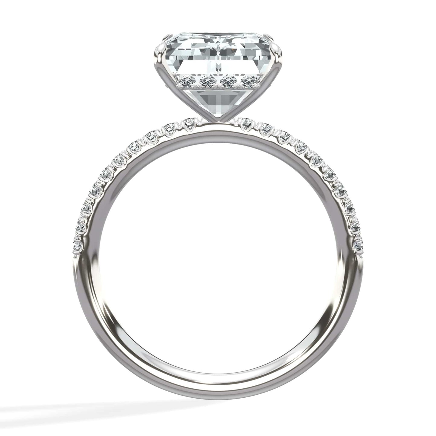 5.50 Carats Lab Grown Emerald Cut Micropaved Side Stones Hidden Halo Diamond Engagement Ring
