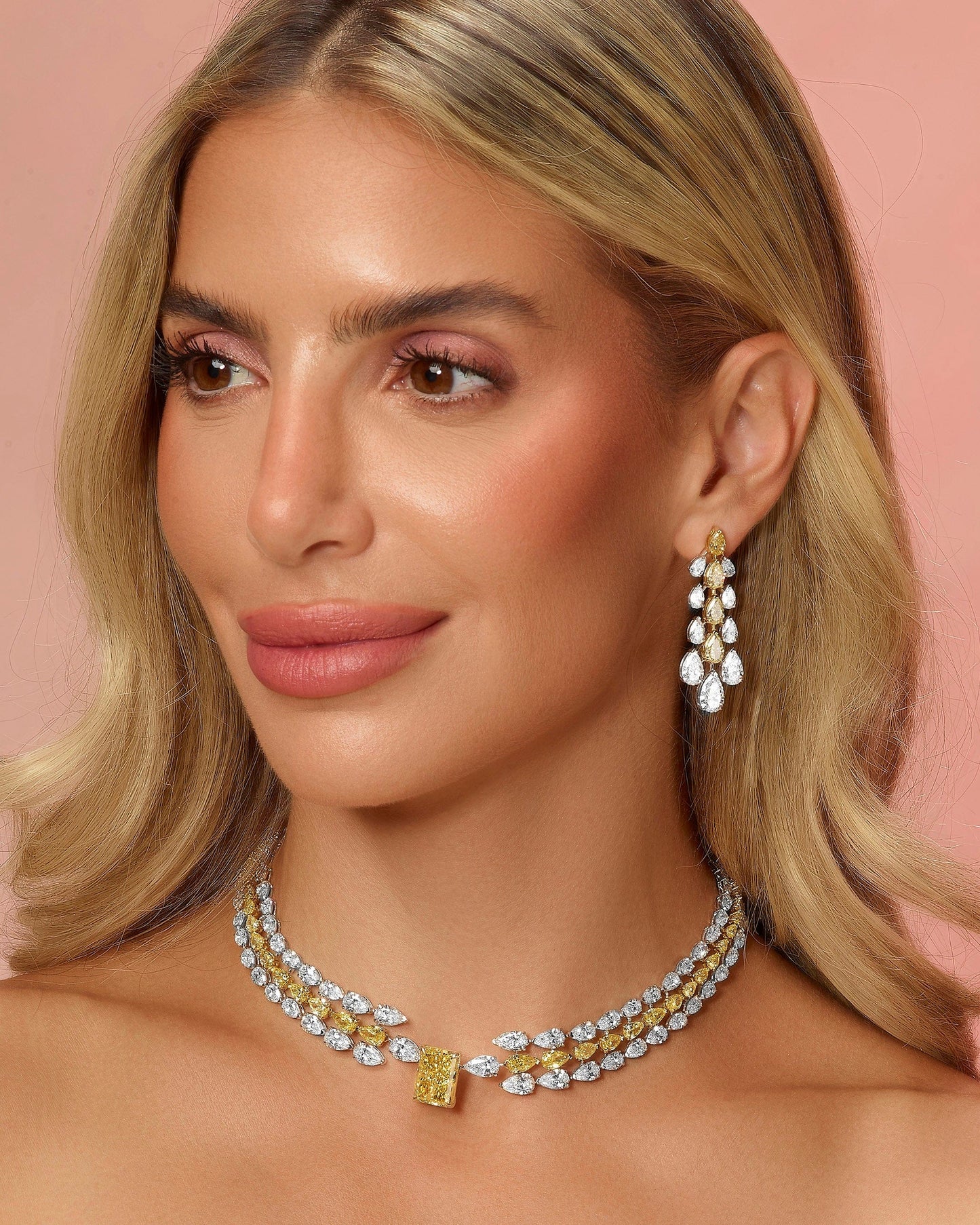 58.45 ct Fancy Vivid Yellow Radiant & Pear-Shaped Diamond Necklace in 14k Yellow & White Gold