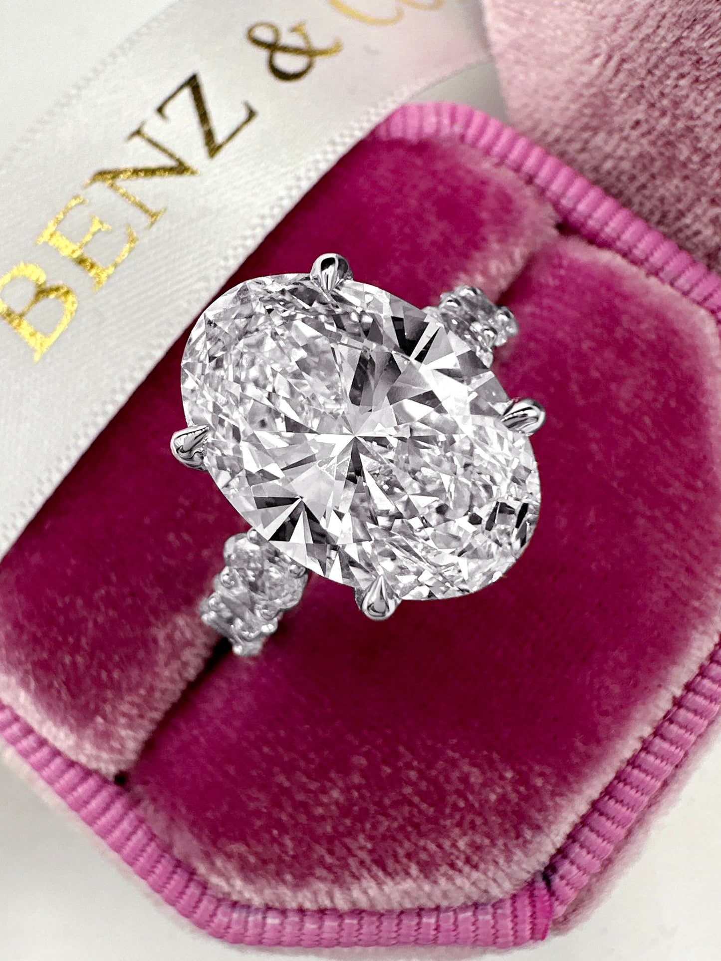 5ct Oval lab diamond ring with halo & side stones in white gold