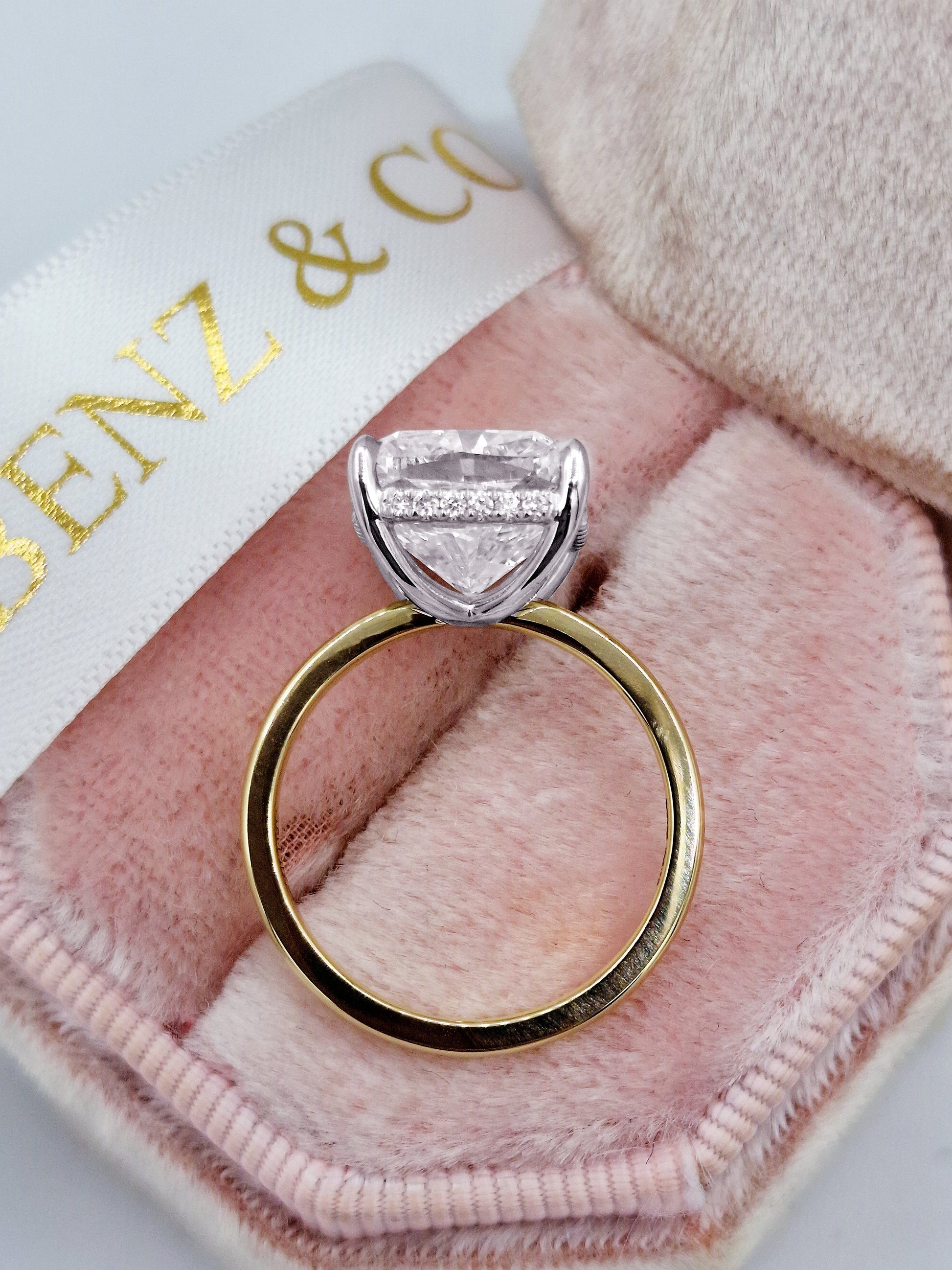 Cushion Cut Two-Tone Hidden Halo Ring in Yellow Gold