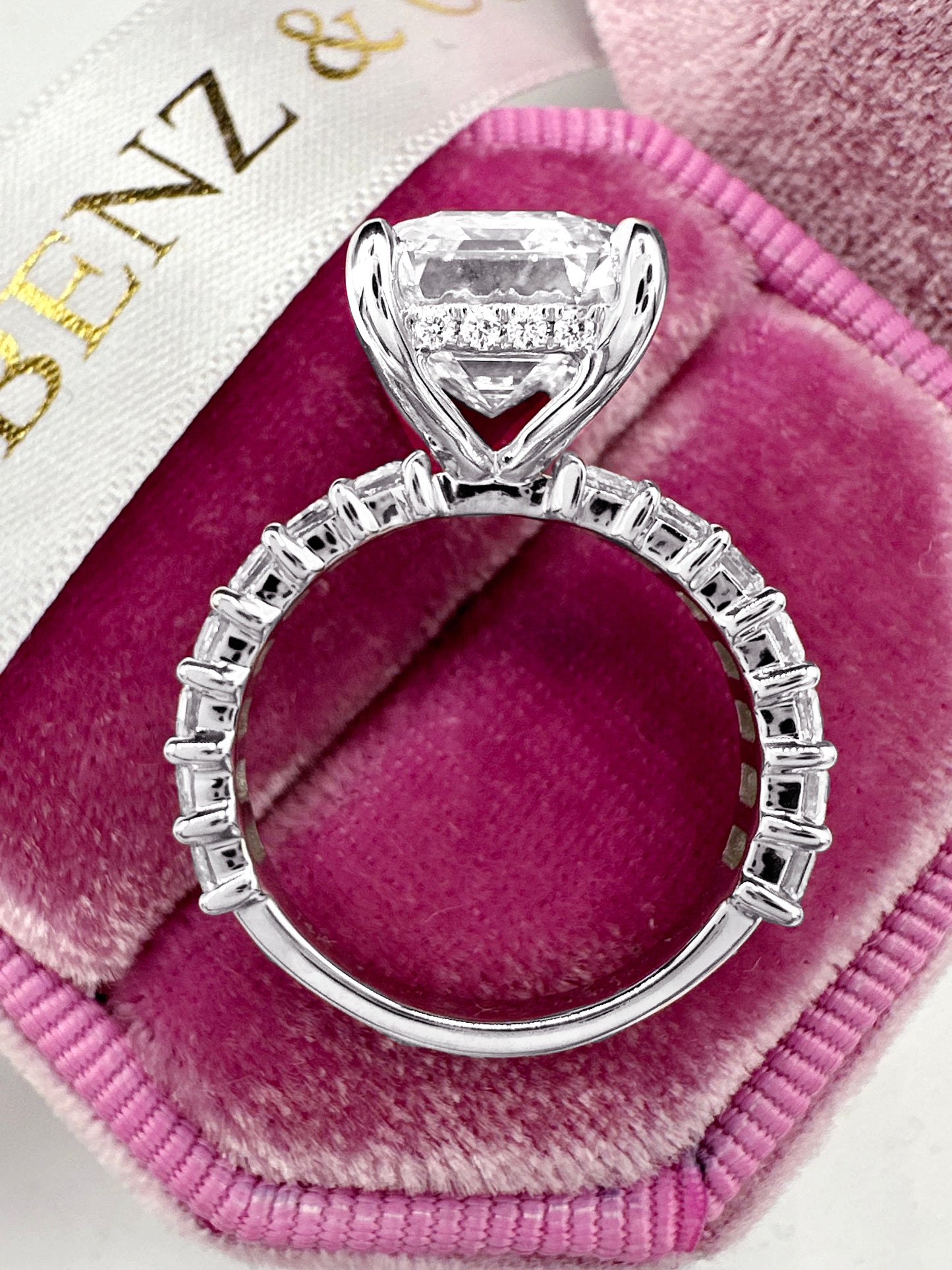 5ct emerald cut diamond ring with hidden halo in 14k white gold