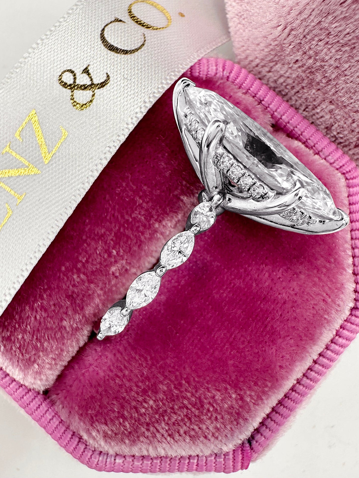 5ct Marquis cut lab diamond ring with halo and side stones