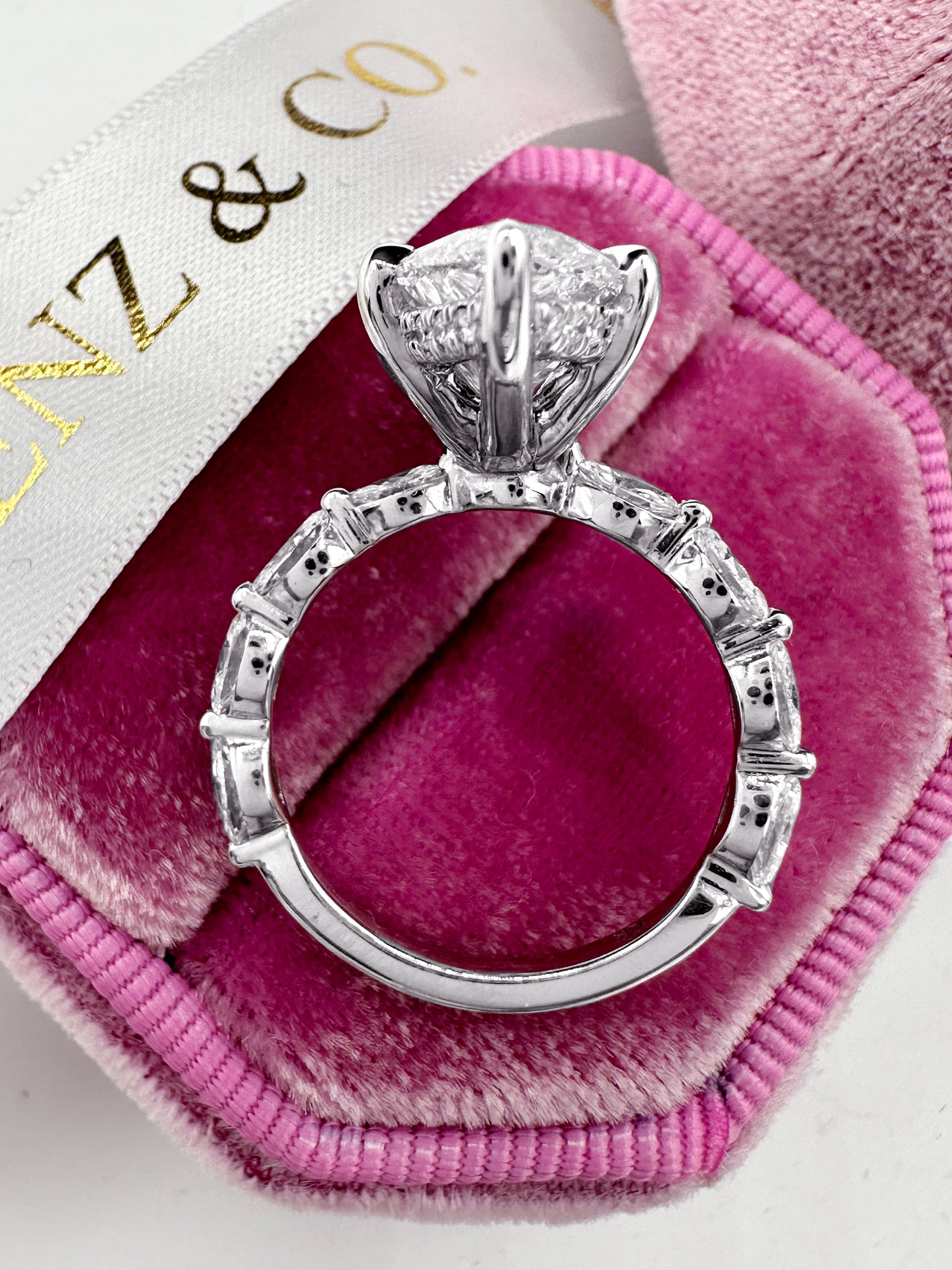 5ct marquise lab diamond ring with hidden halo and side stones