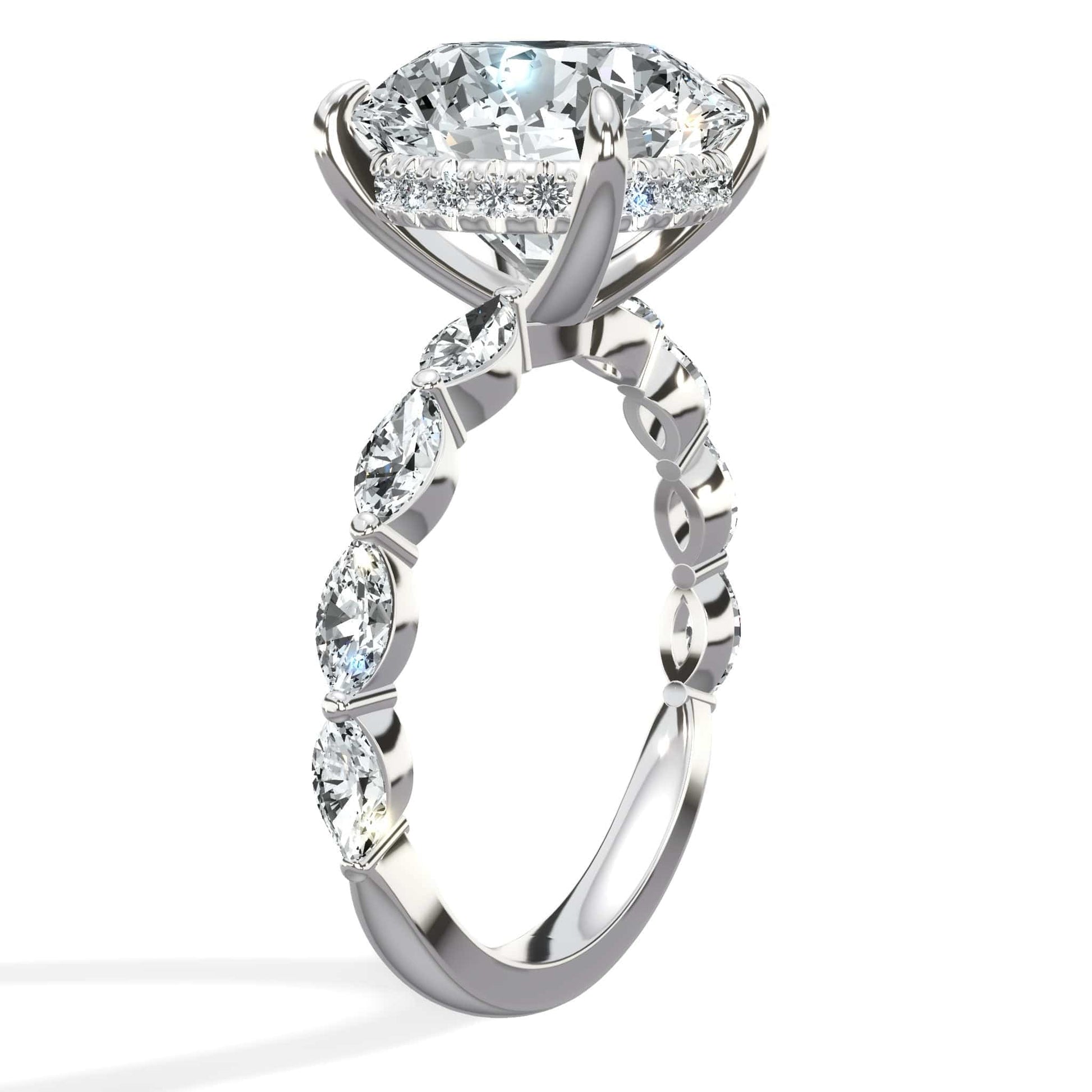 5ct Round Cut Lab Diamond Engagement Ring with Marquise Band
