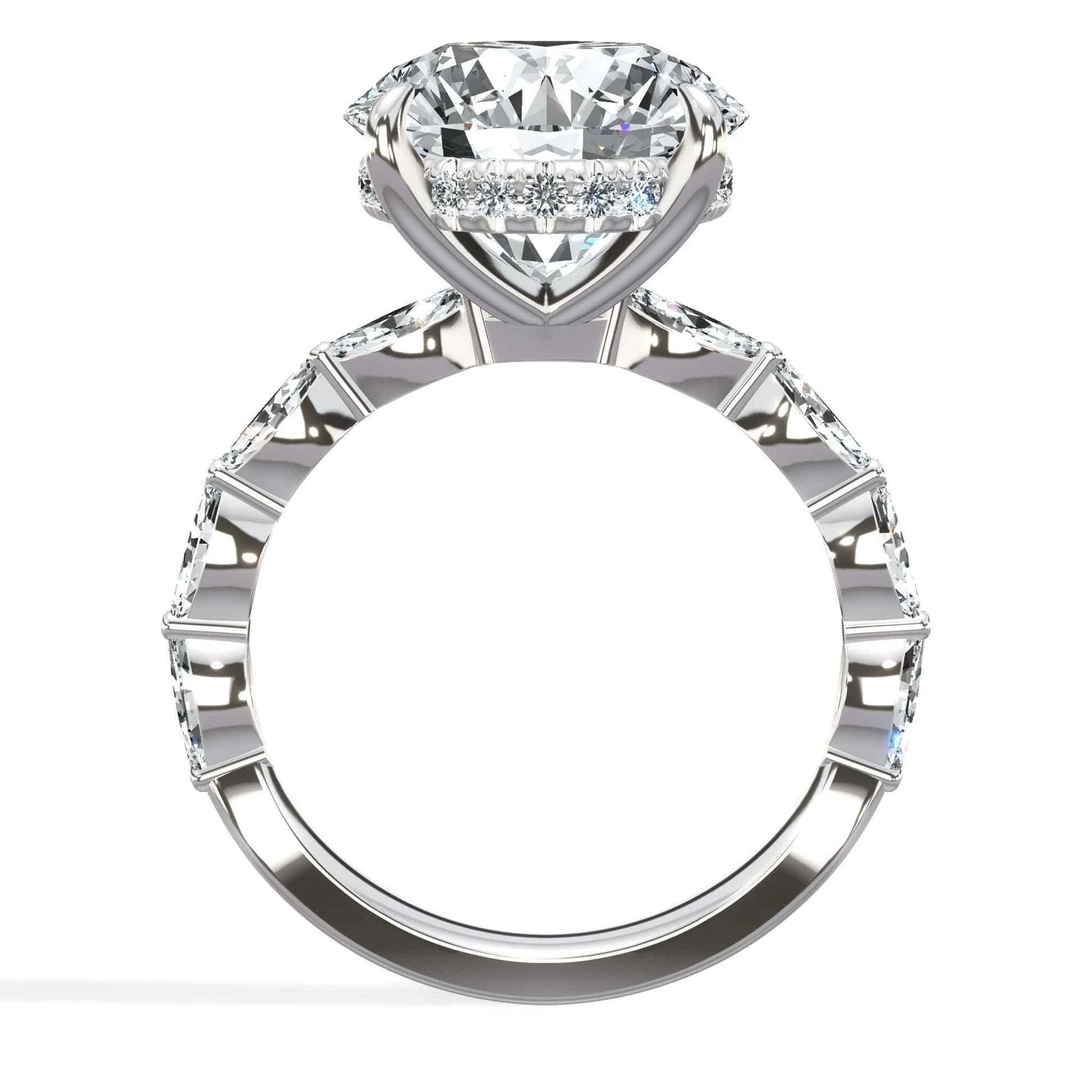 5ct round lab diamond engagement ring with hidden halo and marquise band