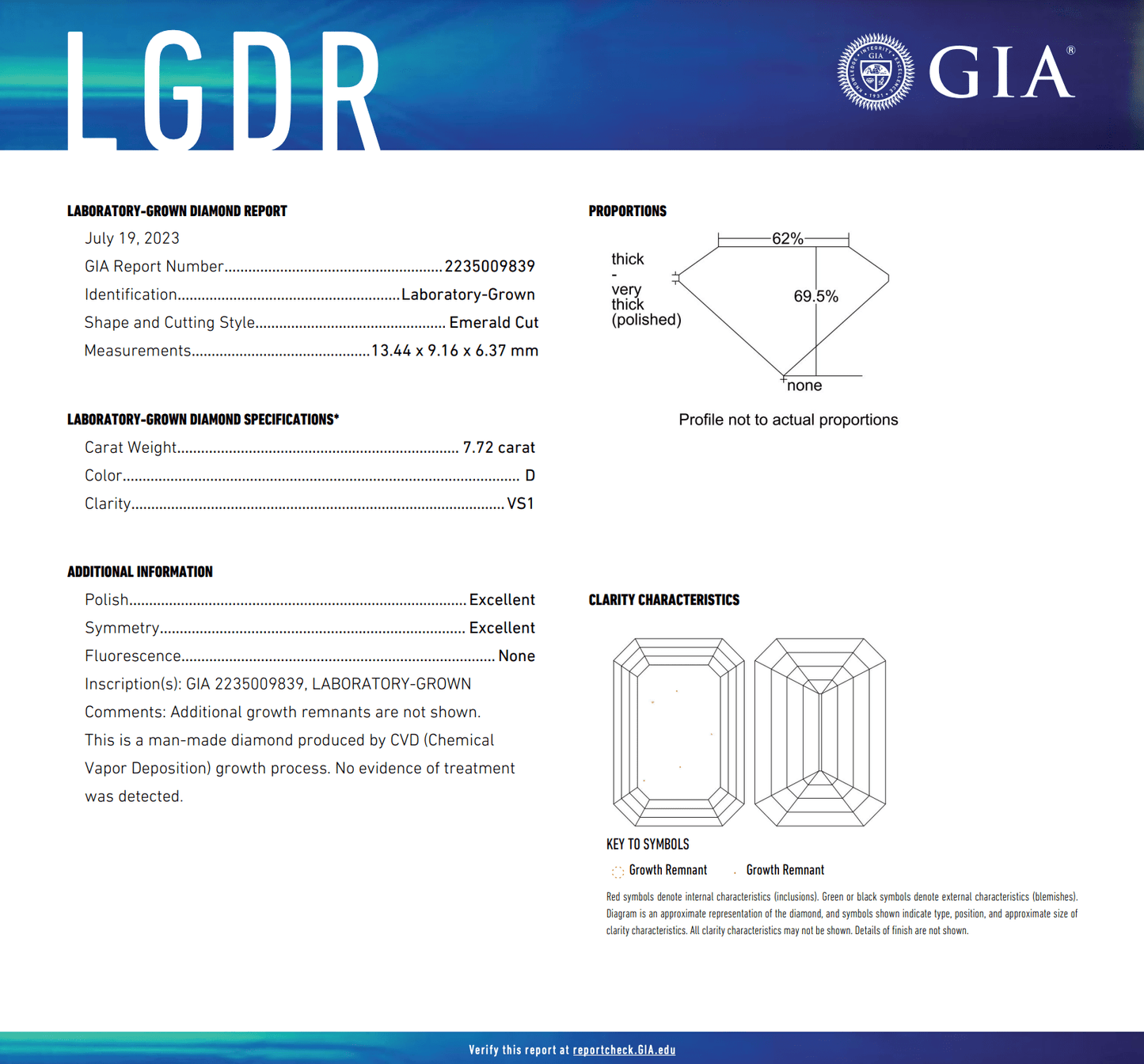 Diamond grading report with measurements and clarity details.