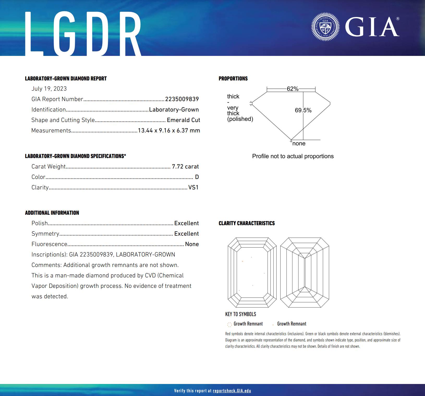 Diamond grading report with measurements and clarity details.