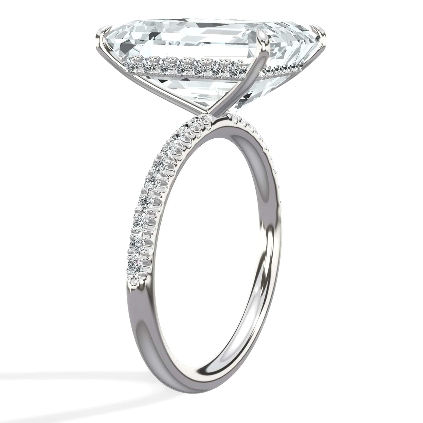 8.15 Carats Lab Grown Emerald Cut Micropaved Side Stones Hidden Halo Diamond Engagement Ring