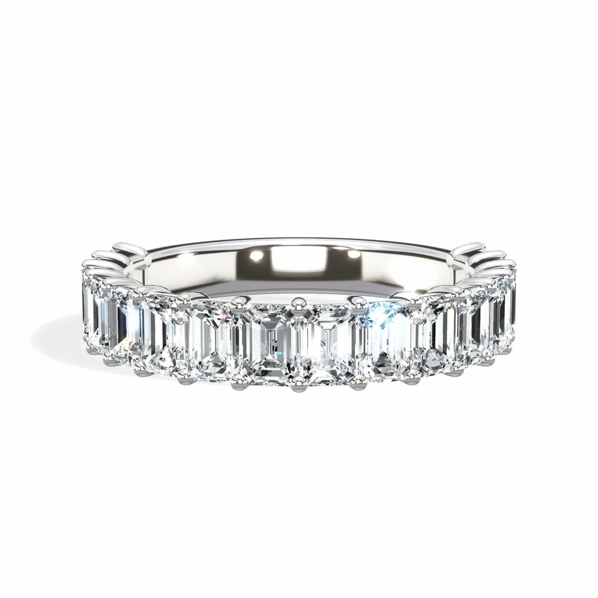 Emerald cut lab grown diamond eternity band in white gold