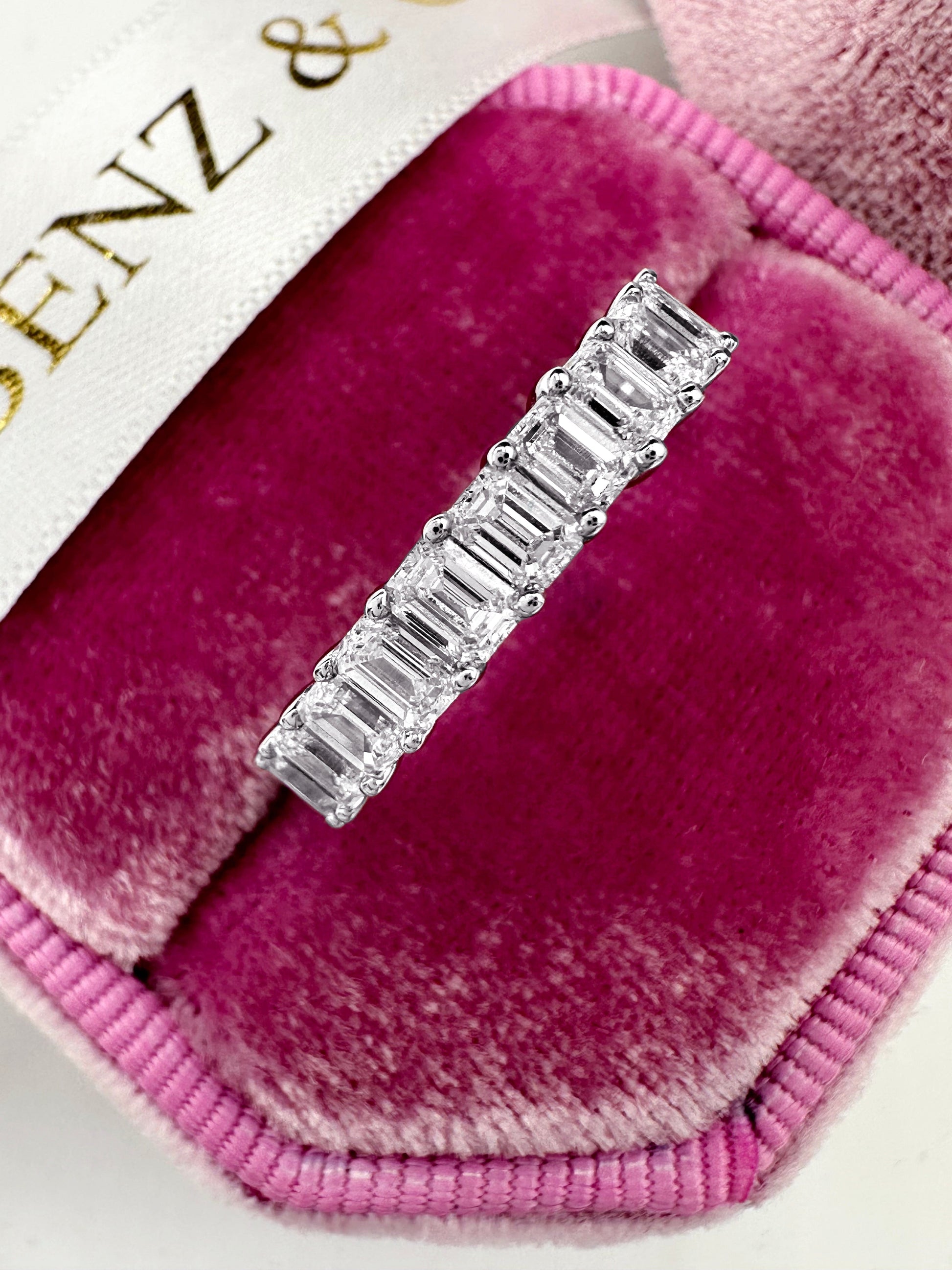 Emerald cut lab grown diamond eternity band in white gold