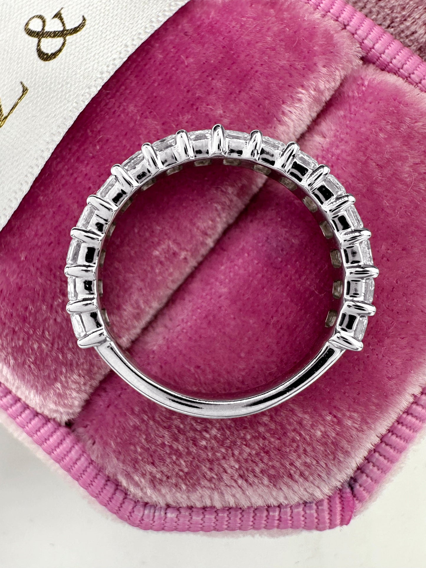 Emerald cut lab grown diamond eternity band in white gold