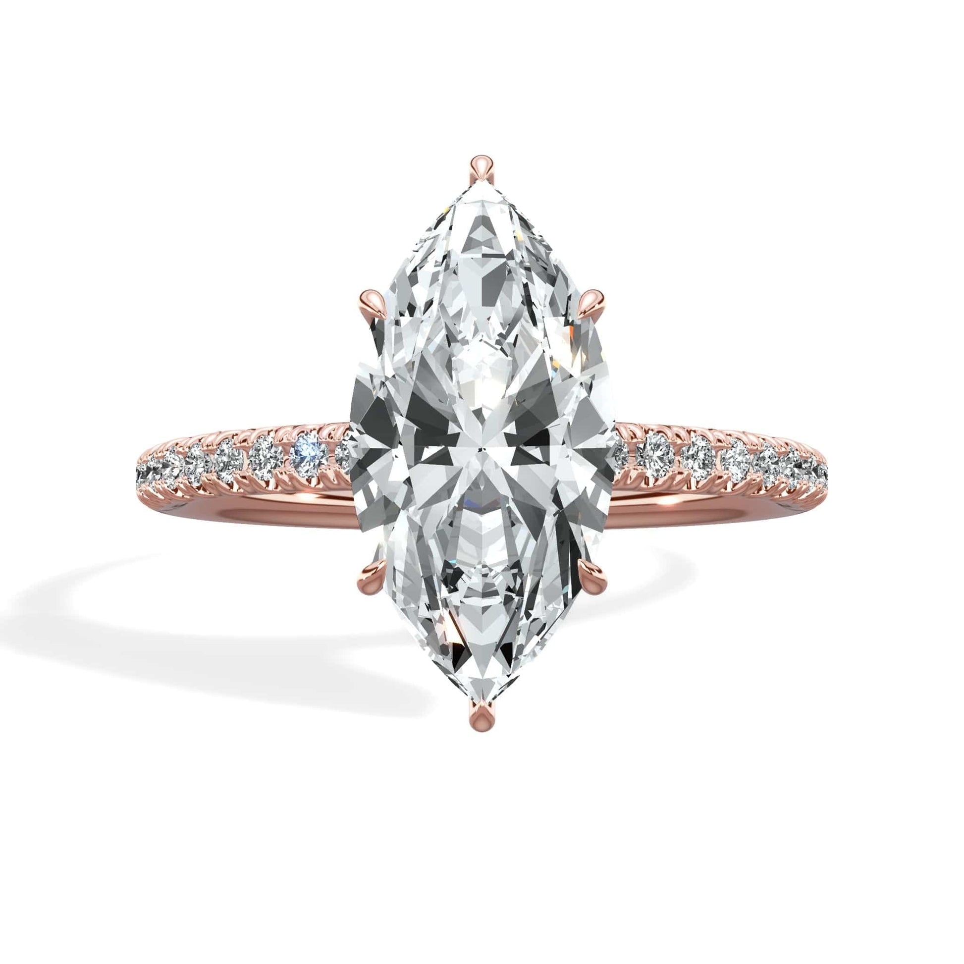 Marquise diamond ring with round diamond accents in rose gold