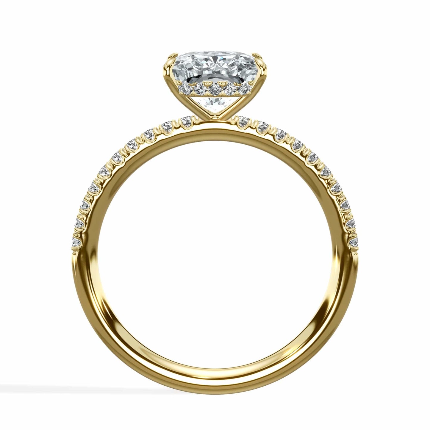 Wide cushion diamond and princess diamond ring in yellow gold
