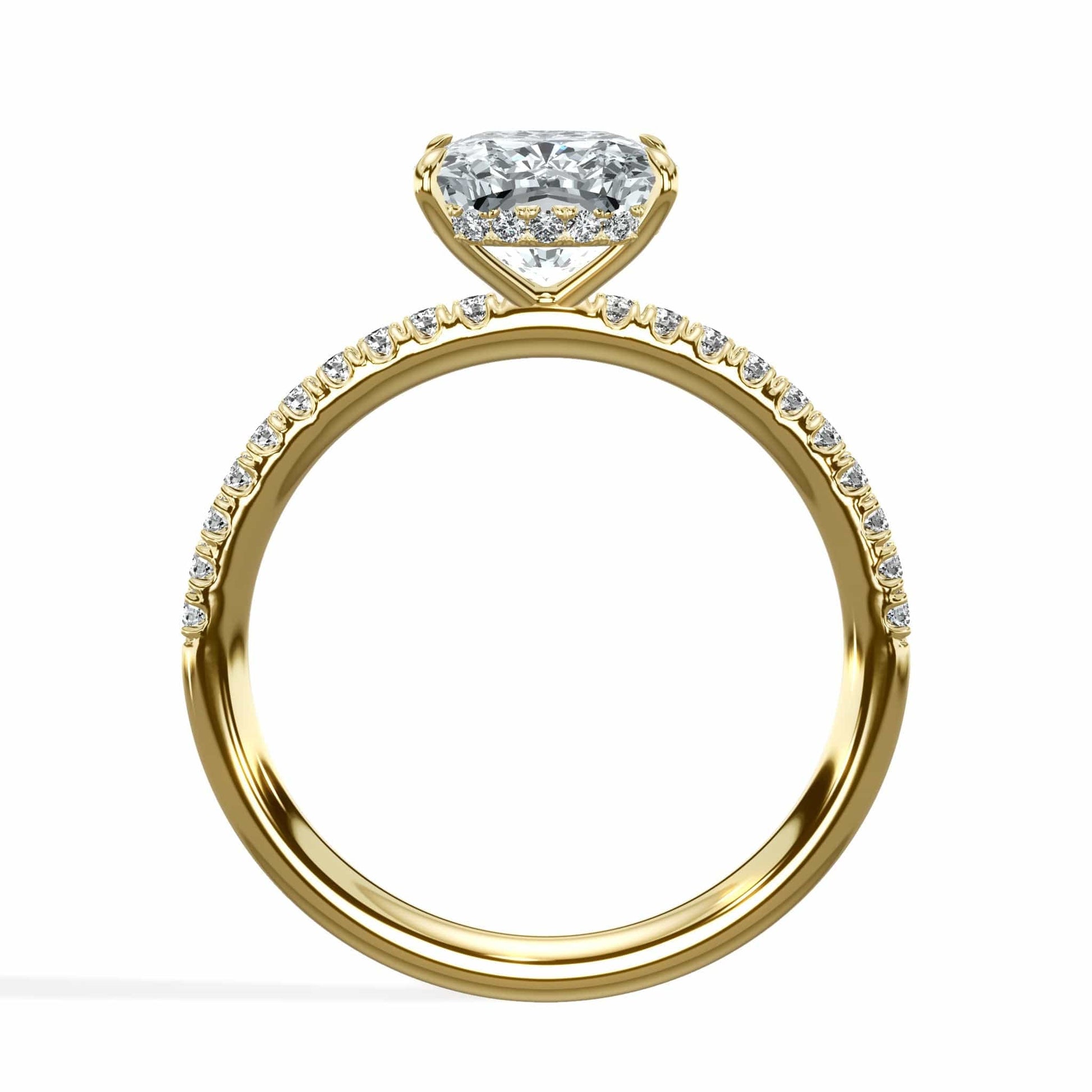 Wide cushion diamond and princess diamond ring in yellow gold