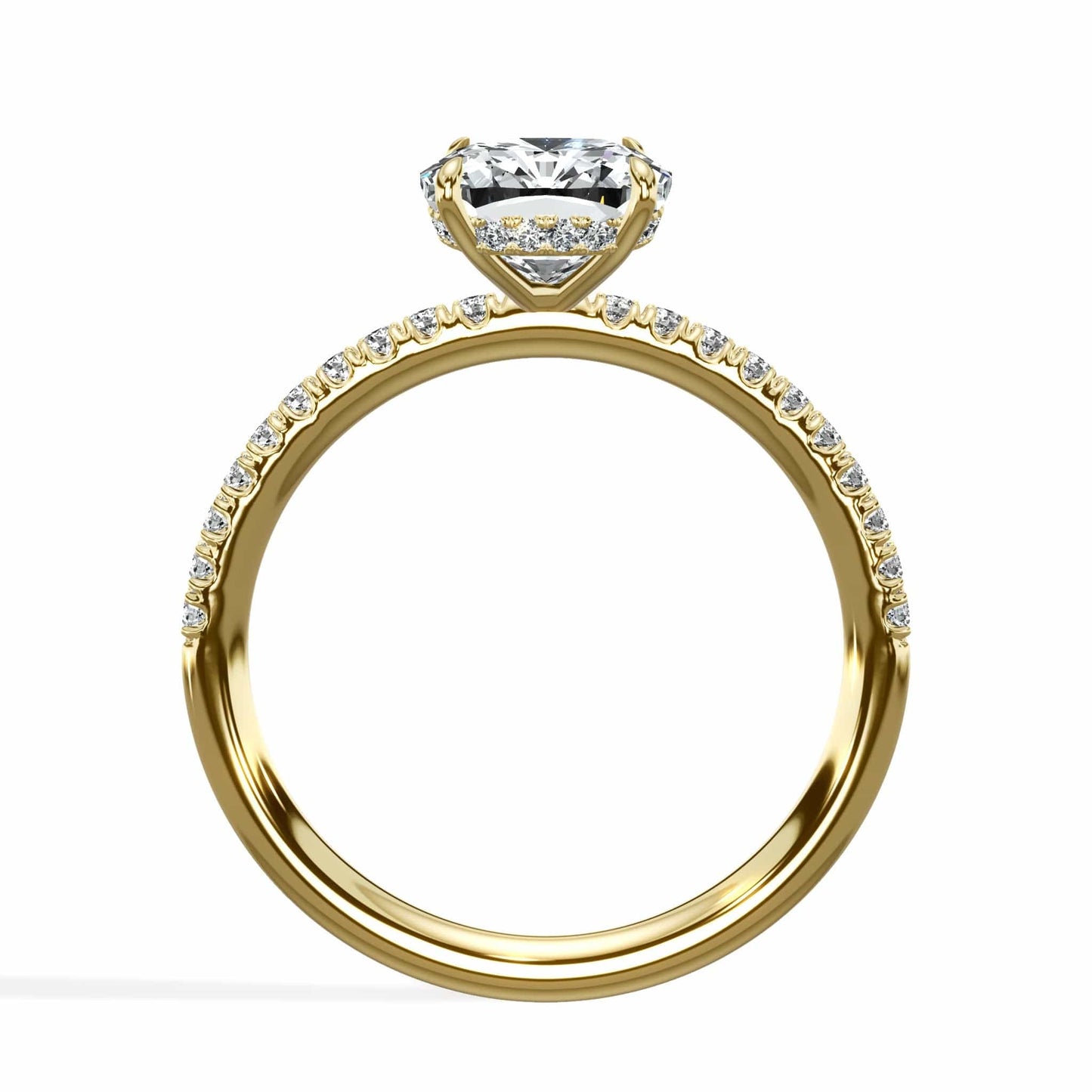 Wide cushion diamond engagement ring in yellow gold
