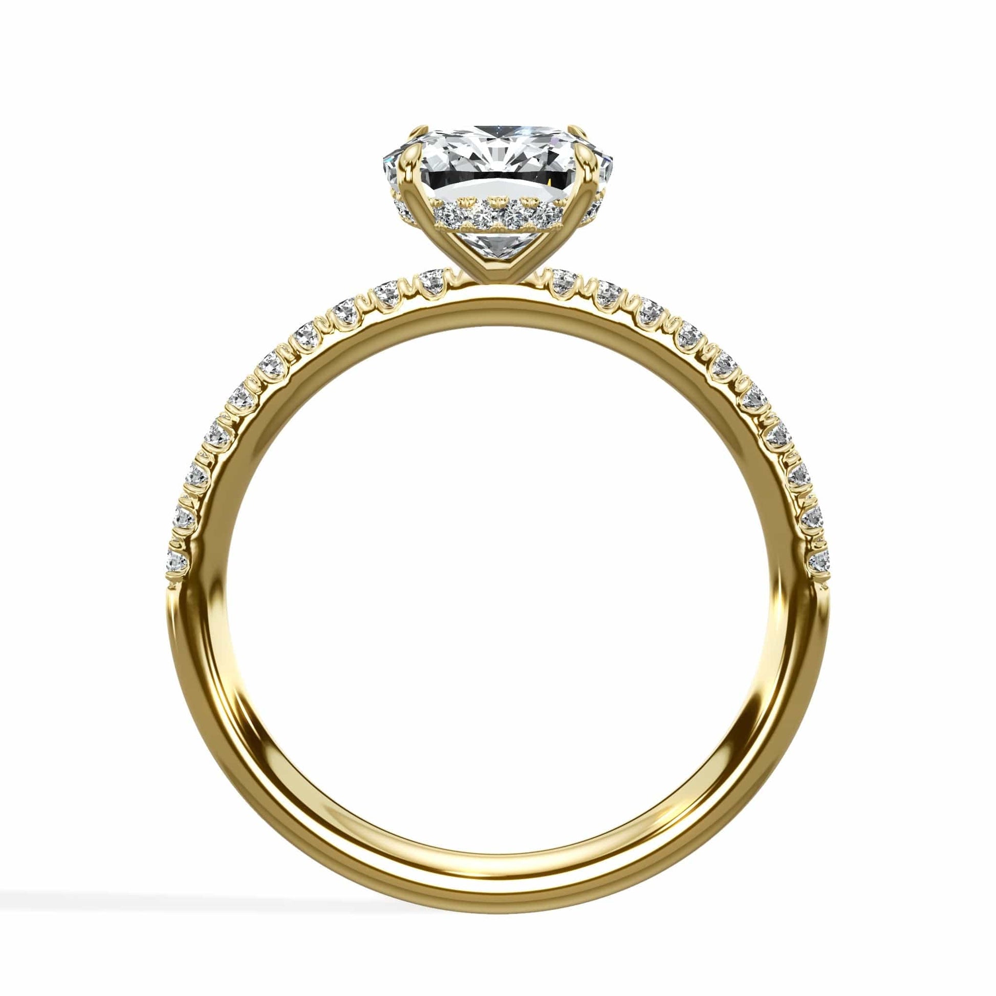 Wide cushion diamond engagement ring in yellow gold