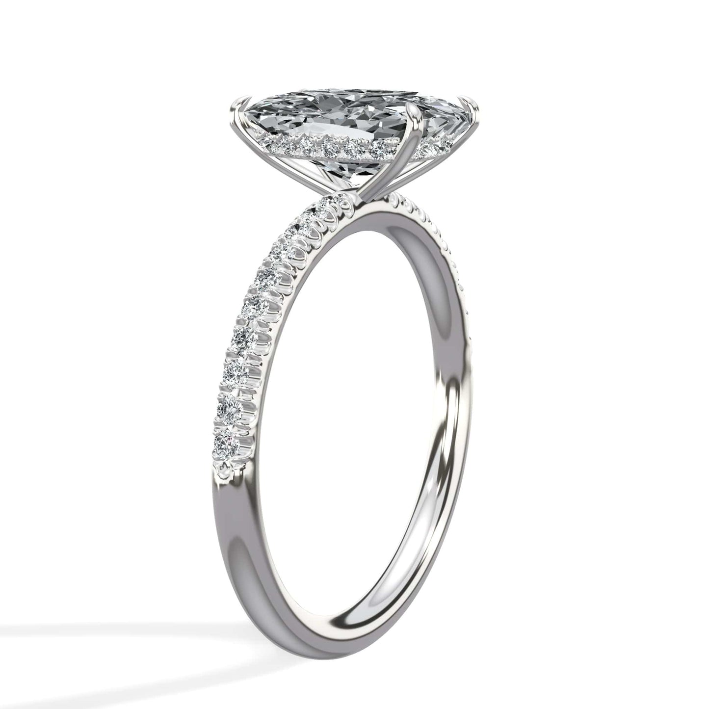 2.50 Carats Lab Grown Elongated Cushion Cut Micropaved Side Stones Hidden Halo Diamond Engagement Ring
