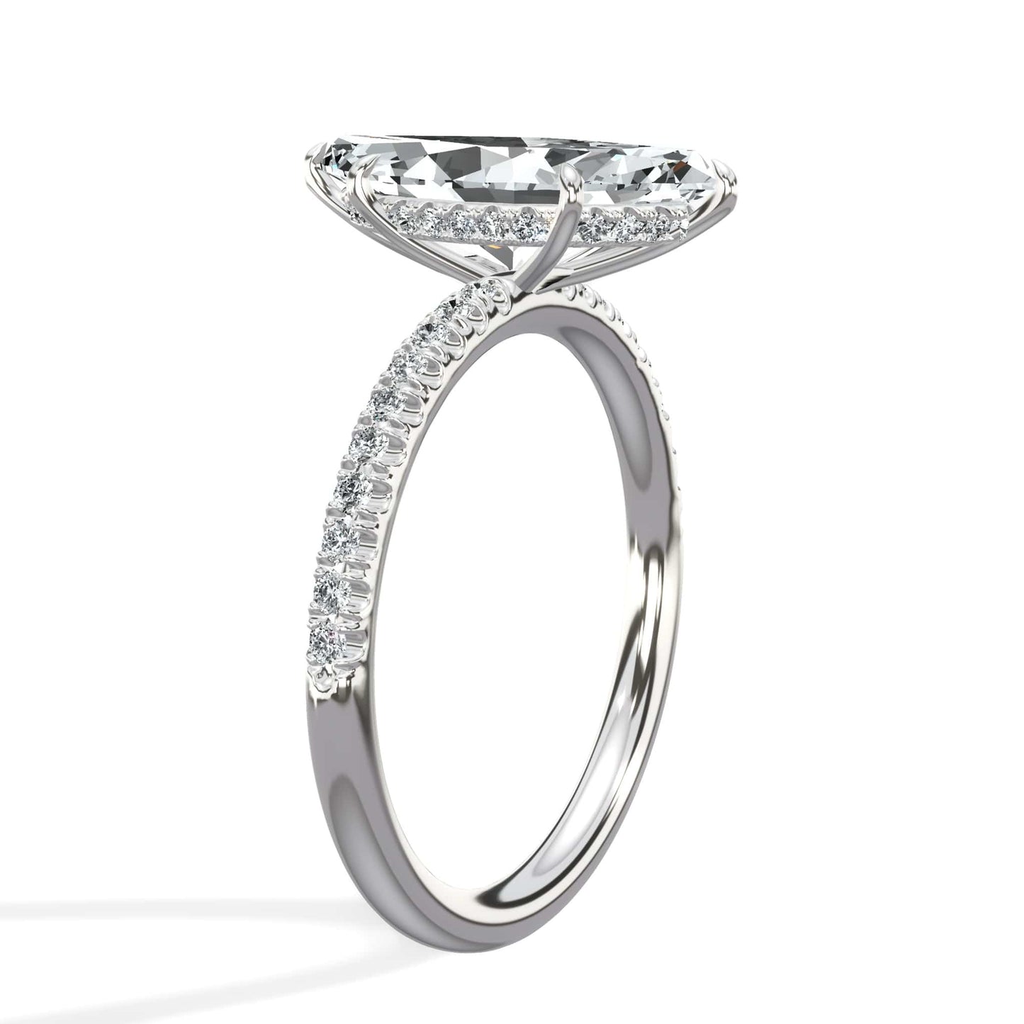 2.50 Carats Lab Grown Marquise Cut Micropaved Side Stones Hidden Halo Diamond Engagement Ring