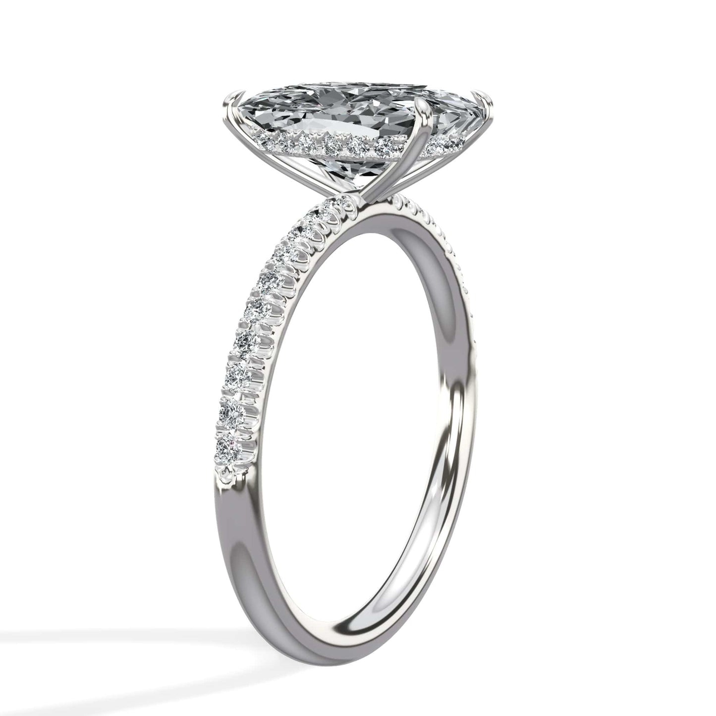 3 Carats Lab Grown Elongated Cushion Cut Micropaved Side Stones Hidden Halo Diamond Engagement Ring
