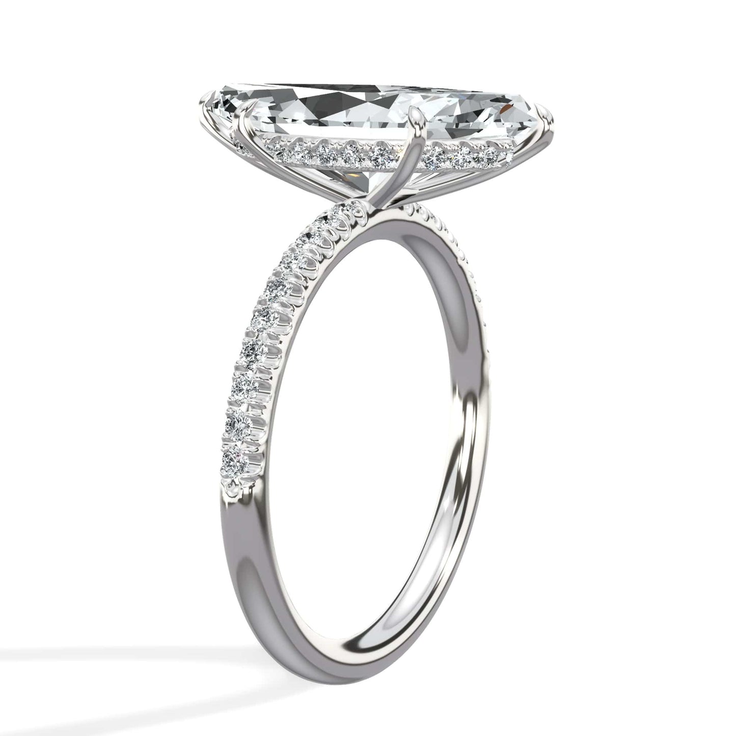 3.50 Carats Lab Grown Marquise Cut Micropaved Side Stones Hidden Halo Diamond Engagement Ring