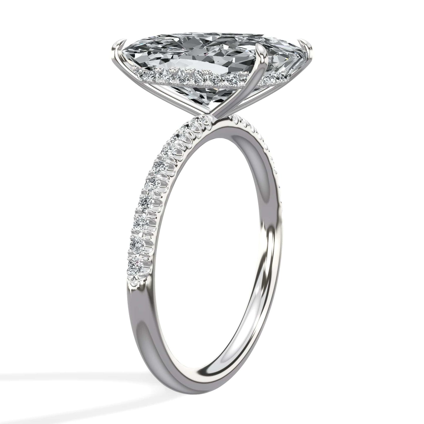 5.50 Carats Lab Grown Elongated Cushion Cut Micropaved Side Stones Hidden Halo Diamond Engagement Ring